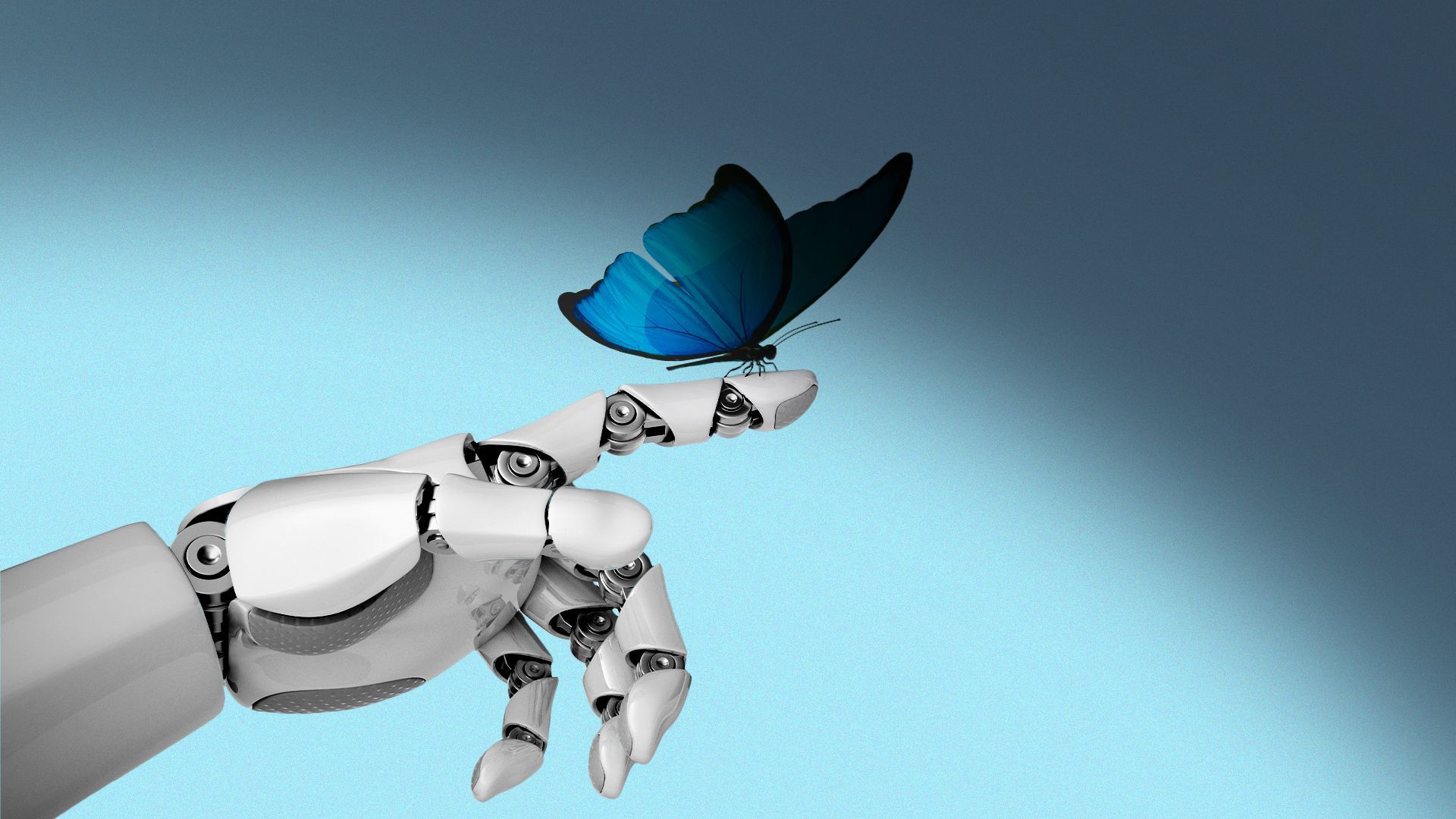 Illustration of a butterfly perched on a robot's finger with a shadow moving over it.