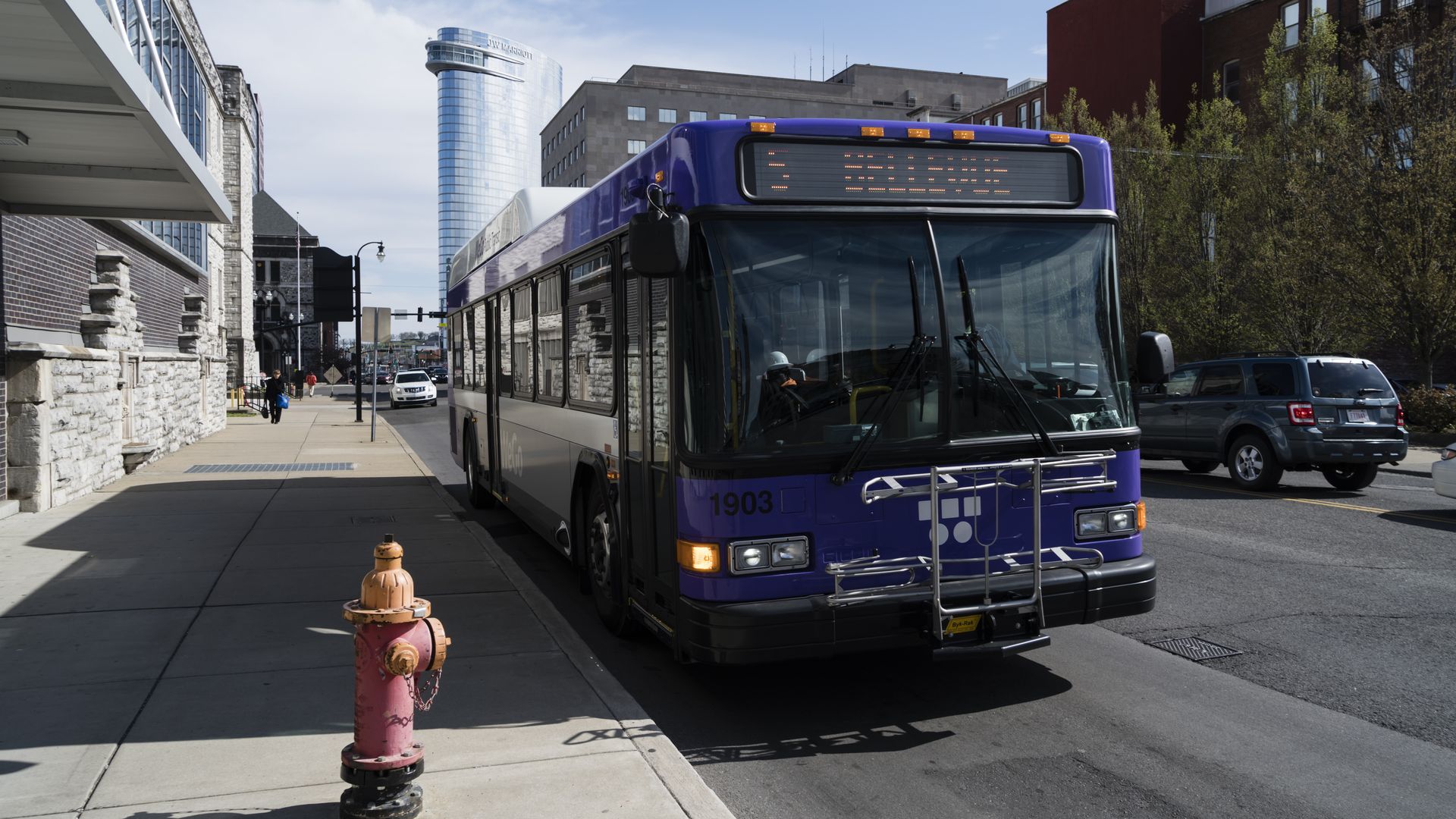 A WeGo Public Transit bus travels through downtown Nashville, Tennessee, U.S., on Monday, April 1, 2019.