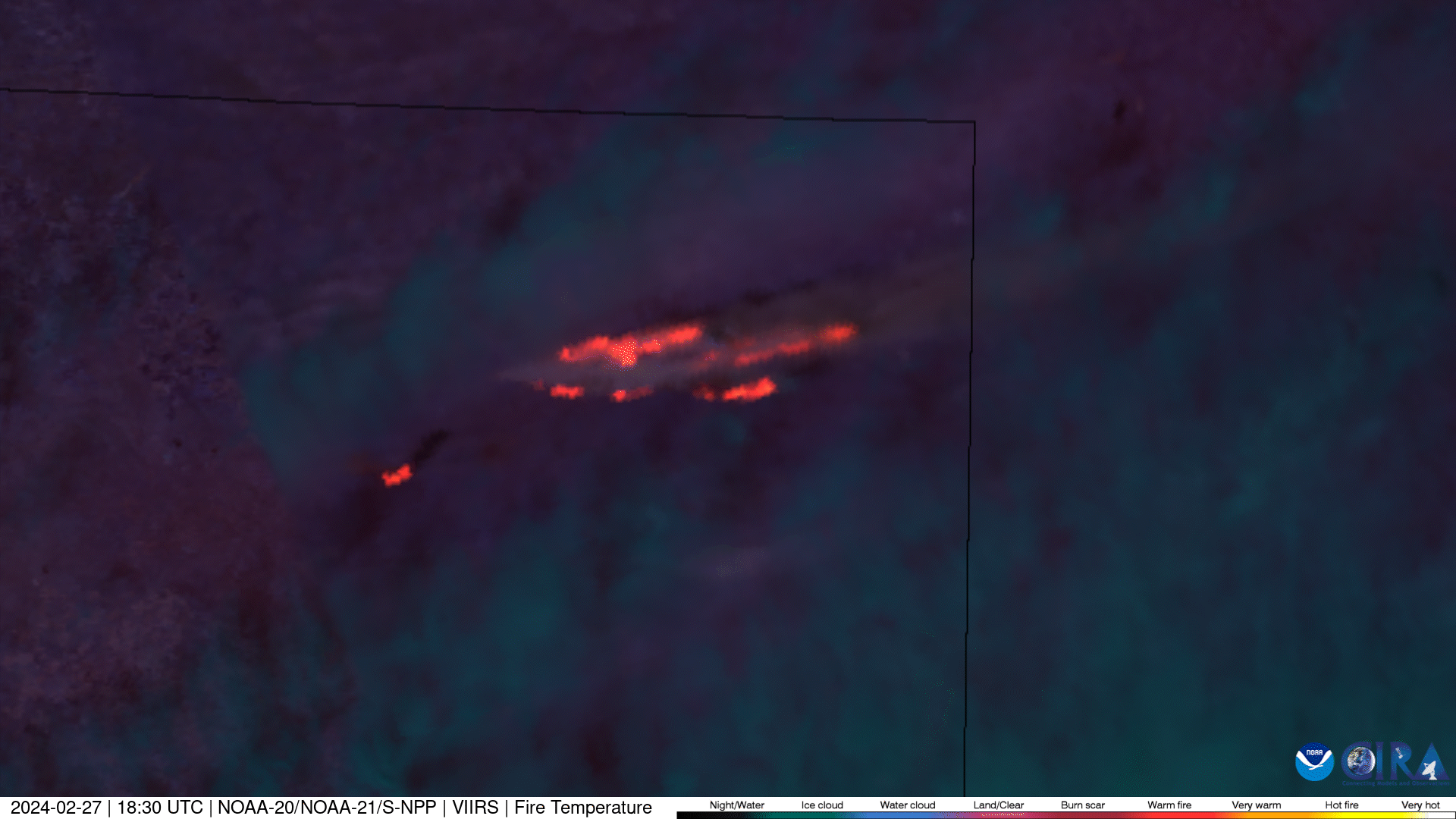 A gif of satellite images of the Smoke House Creek Fire burning over the Texas-Oklahoma border on Tuesday.