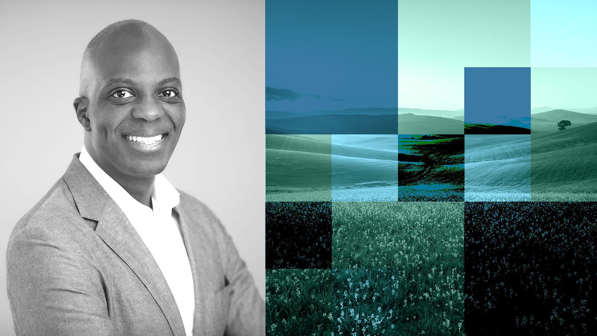 photo illustration of Eli Aheto of BeyondNetZero surrounded by squares overlaid on a photo of a hilly landscape