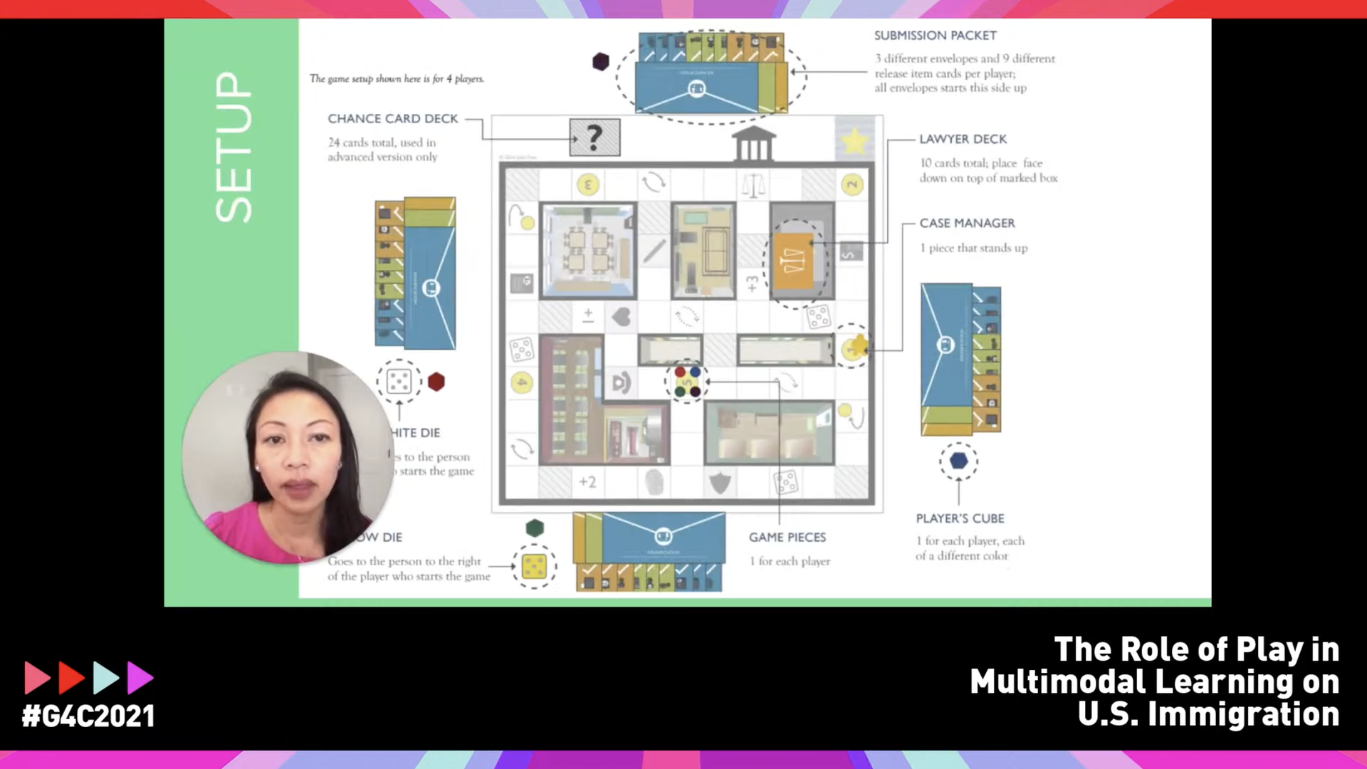 Screenshot of a game designer doing an online presentation of her board game about immigration
