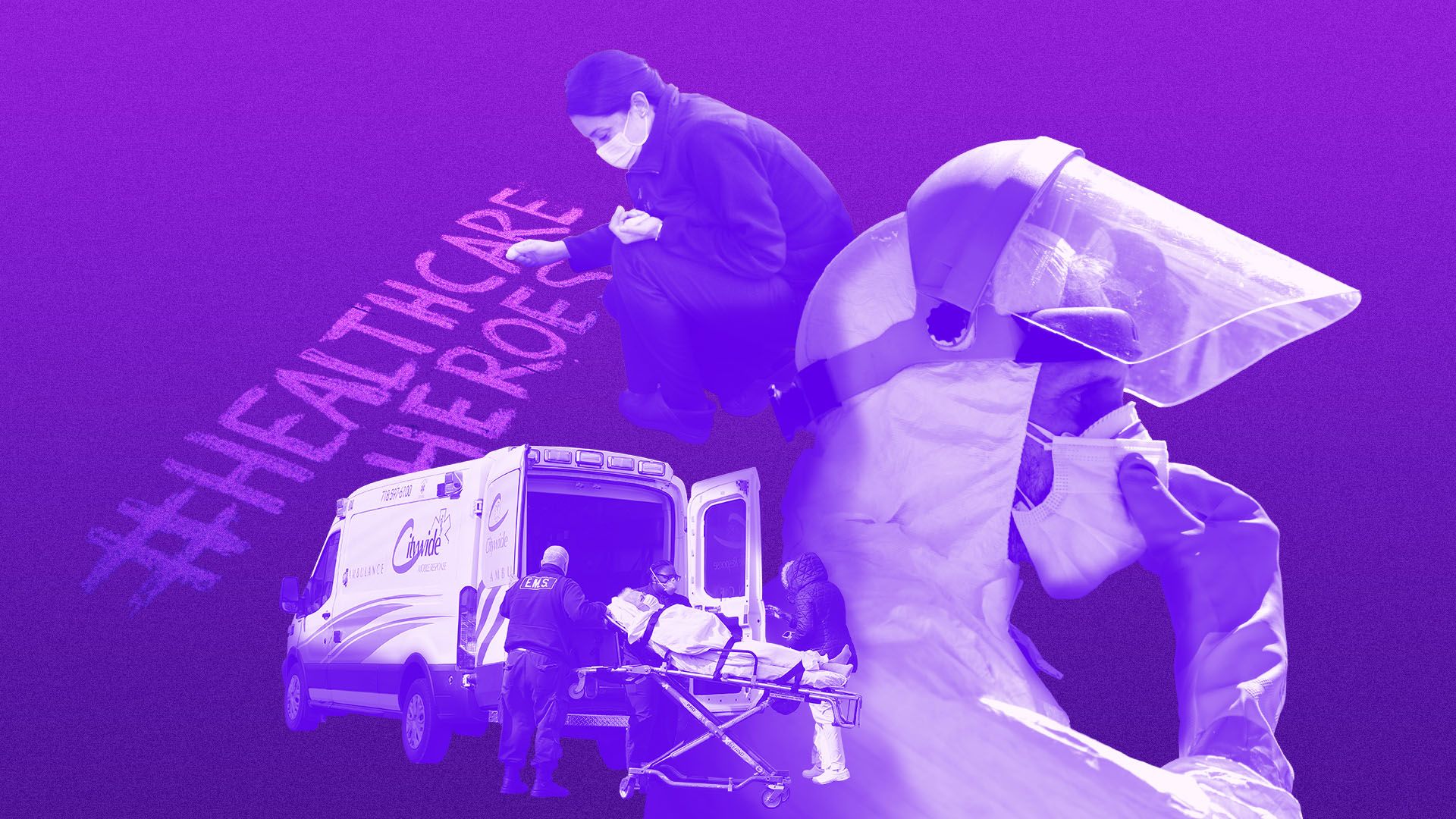 Illustrated collage featuring a Spanish fireman, paramedics transporting a patient to an emergency room entrance in Brooklyn, and someone writing out #heathcare heroes