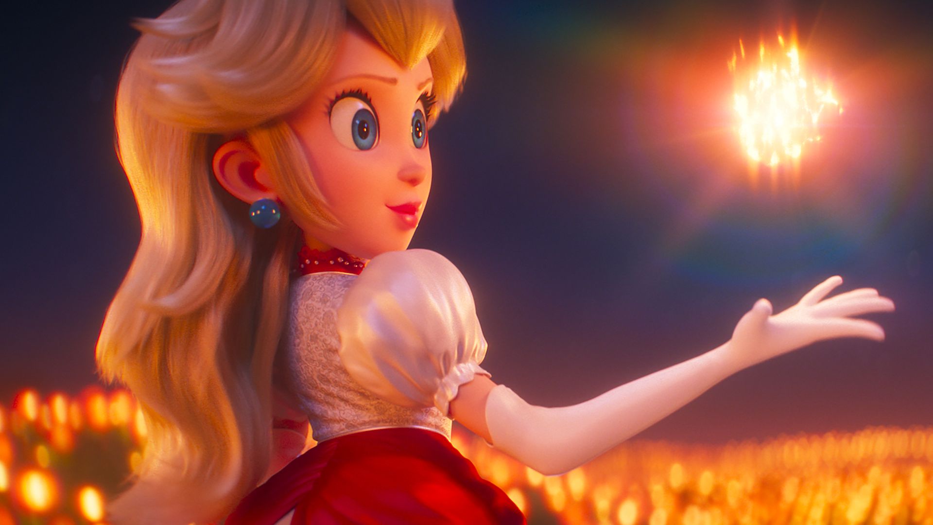Animated still showing Princess Peach tossing a fireball in the air