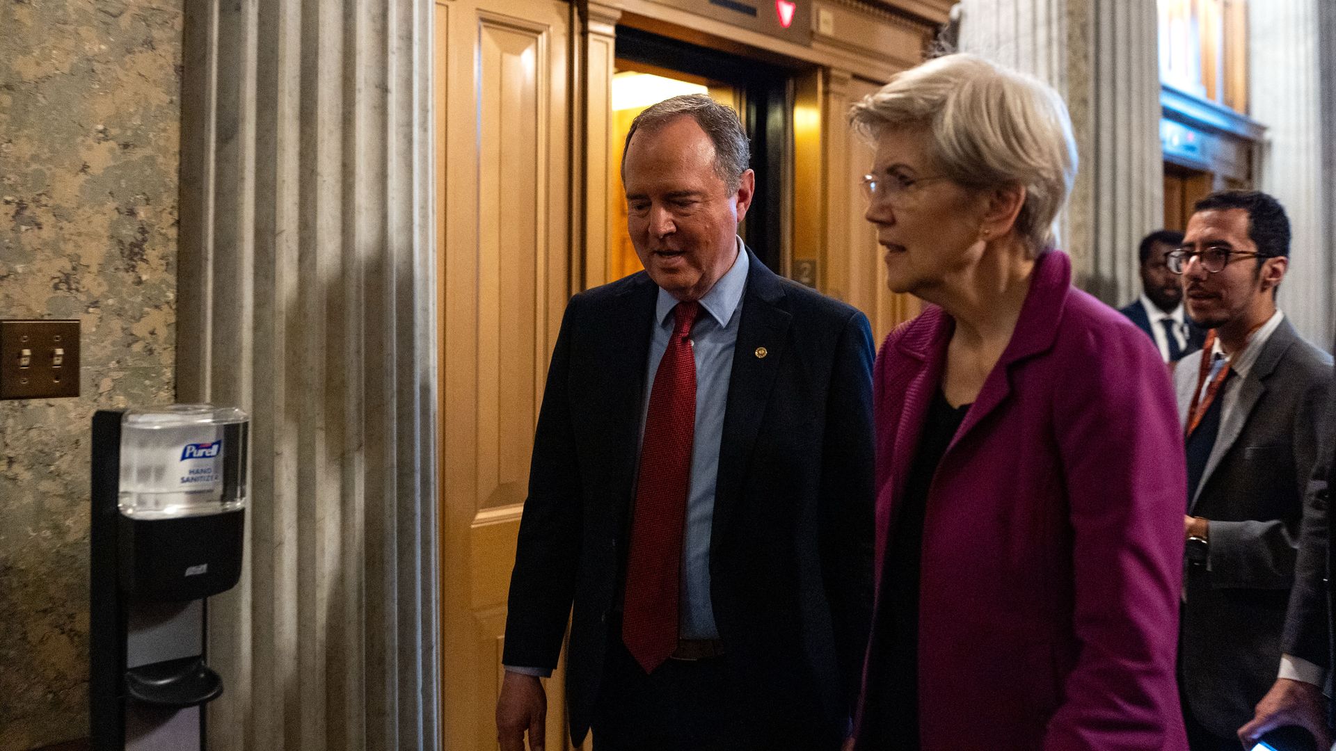 Sens. Adam Schiff (D-CA) and Elizabeth Warren (D-MA) at the U.S. Capitol on September 30, 2025 in Washington, DC.