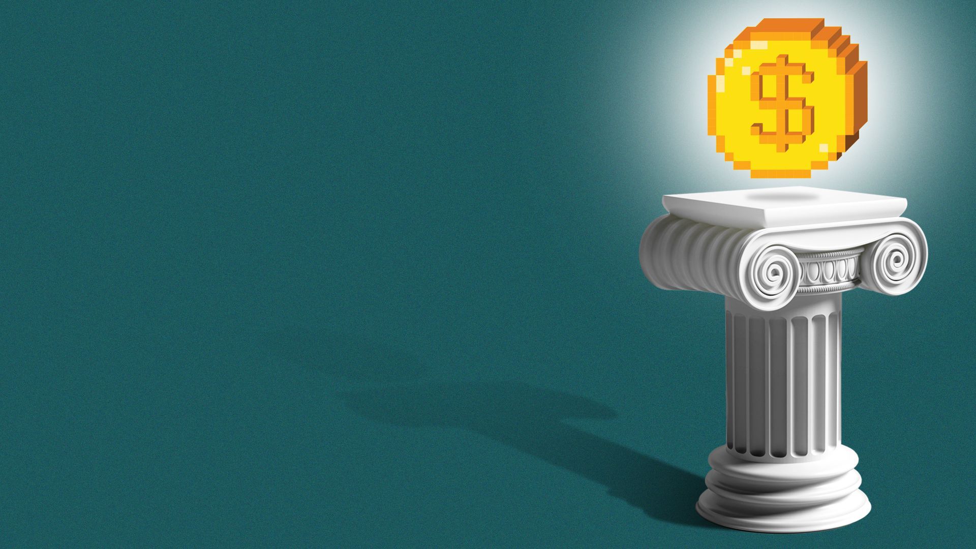 Illustration of a pixelated coin hovering above a pedestal.
