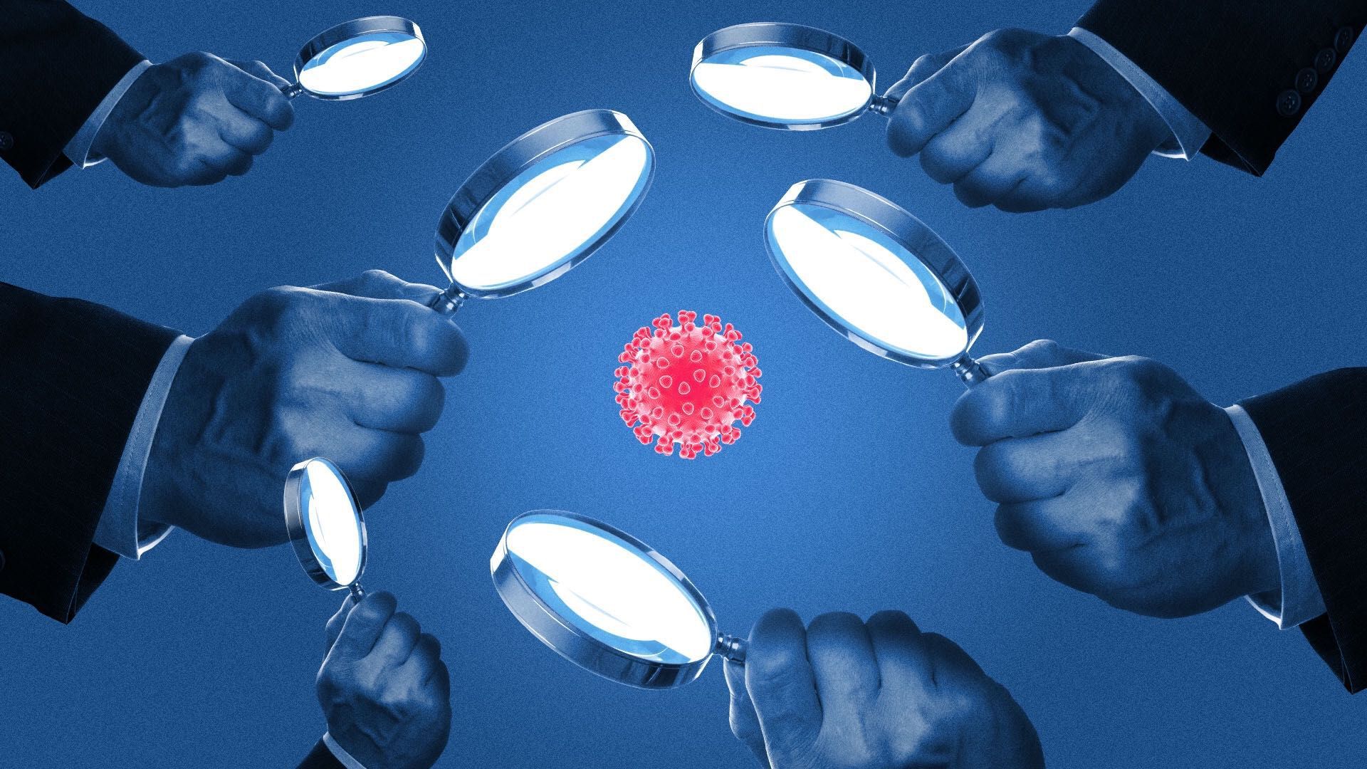 Illustration of a coronavirus cell surrounded by hands holding magnifying glasses