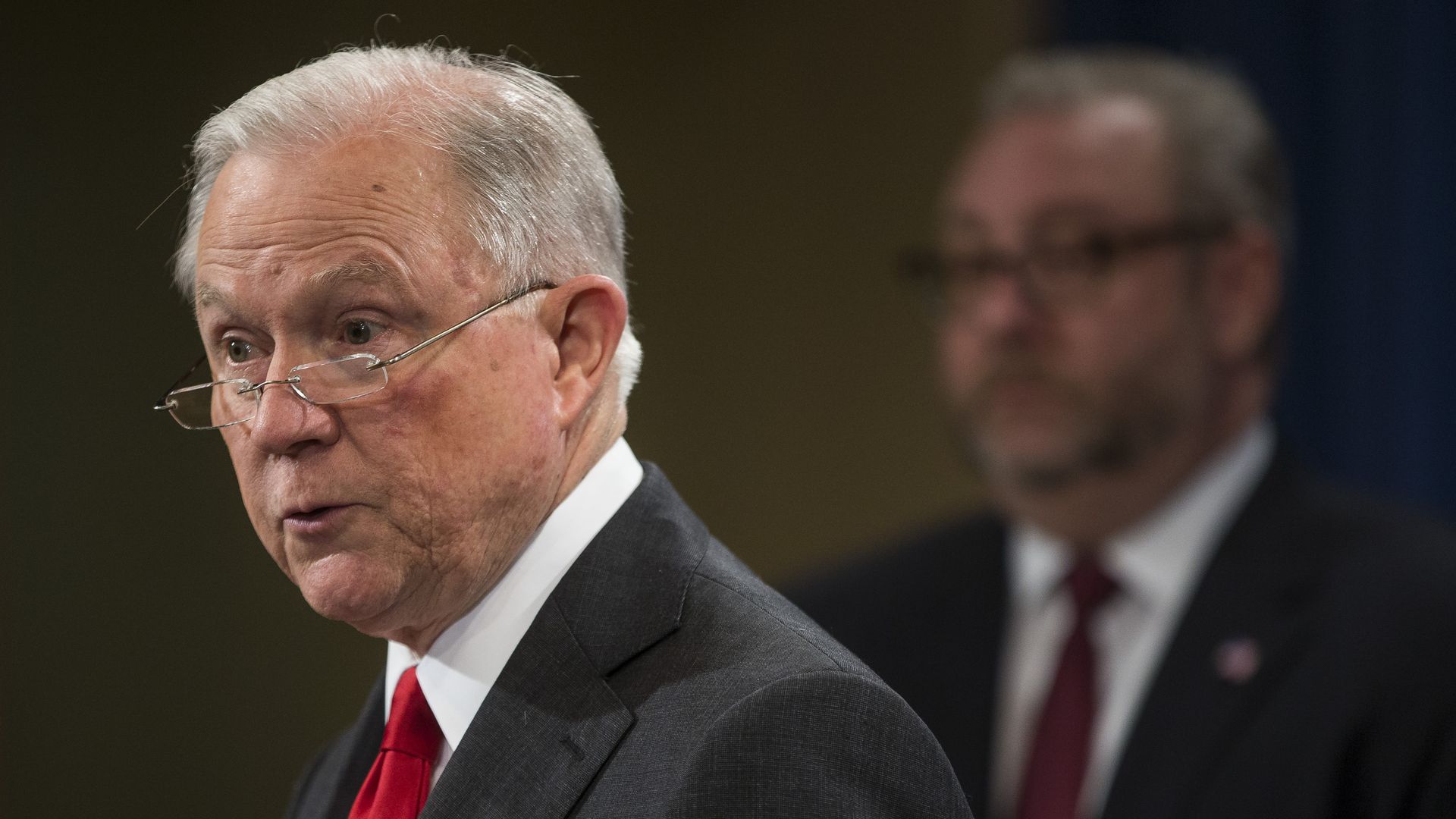 Then-Attorney General Jeff Sessions speaks during a news conference discussing new criminal law enforcement action against China for economic espionage on November 1, 2018 in Washington, DC