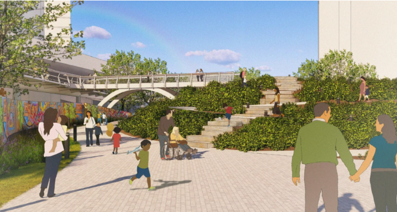 A rendering showing people walking along a path near a bridge with trees and bushes.