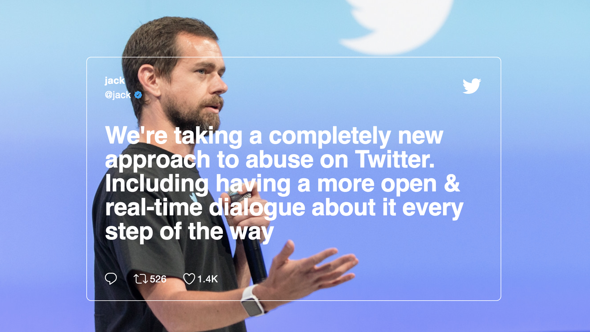 An image of CEO Jack Dorsey with a tweet on Twitter's safety efforts