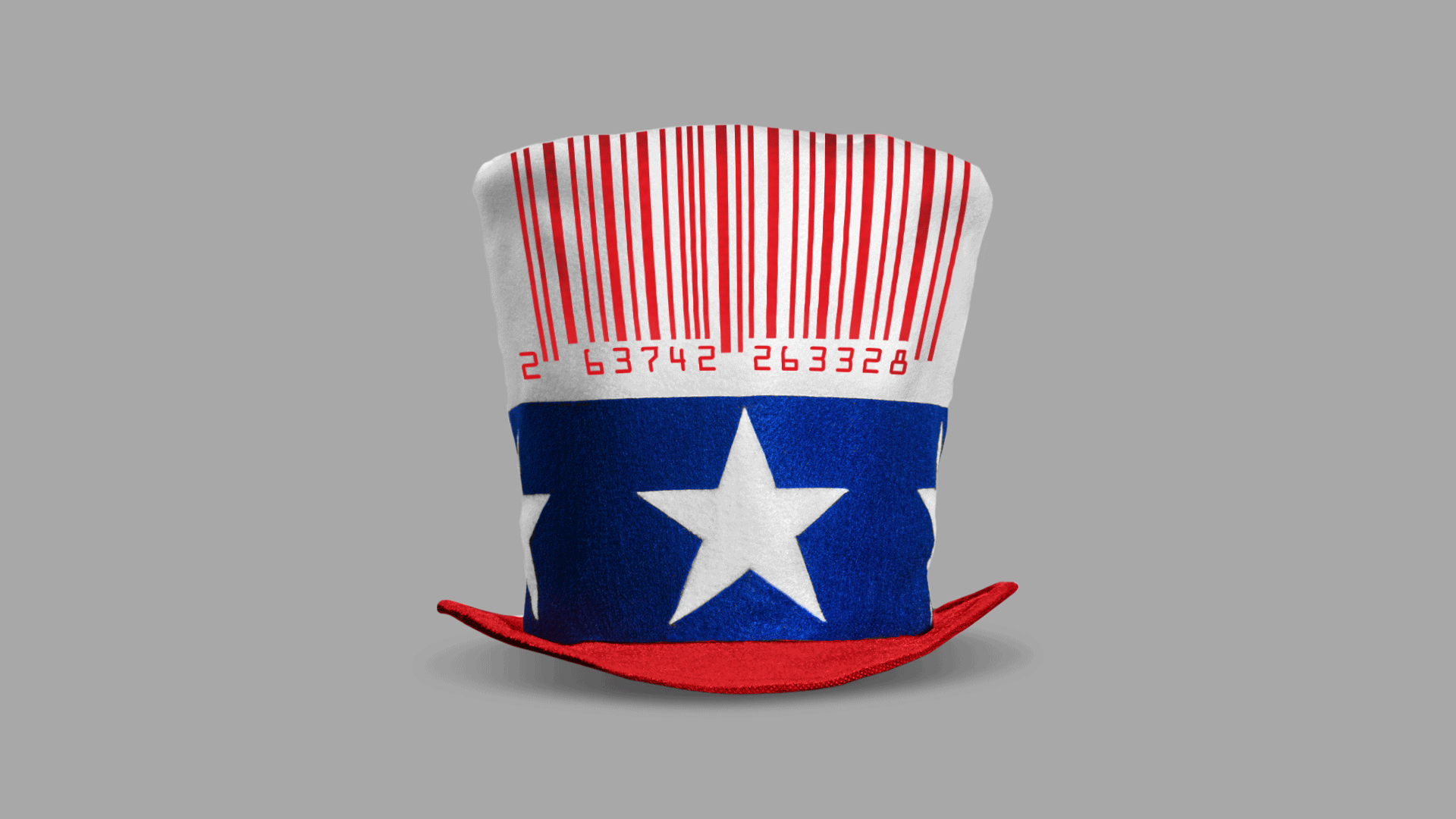 Illustration of an Uncle Sam hat with a barcode as stripes on the flat top crown area. Barcode numbers read 2 63742 263328.