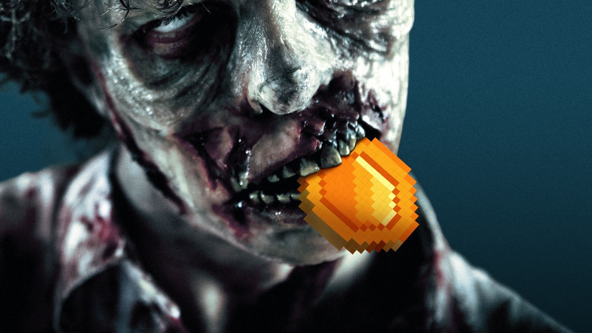 Illustration of a zombie eating a pixel coin.