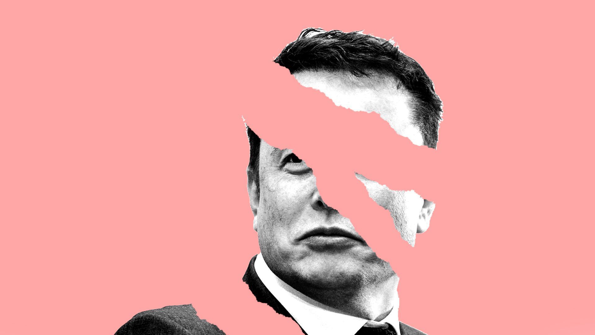 Illustration of image of Elon Musk's face with strips torn out of the image