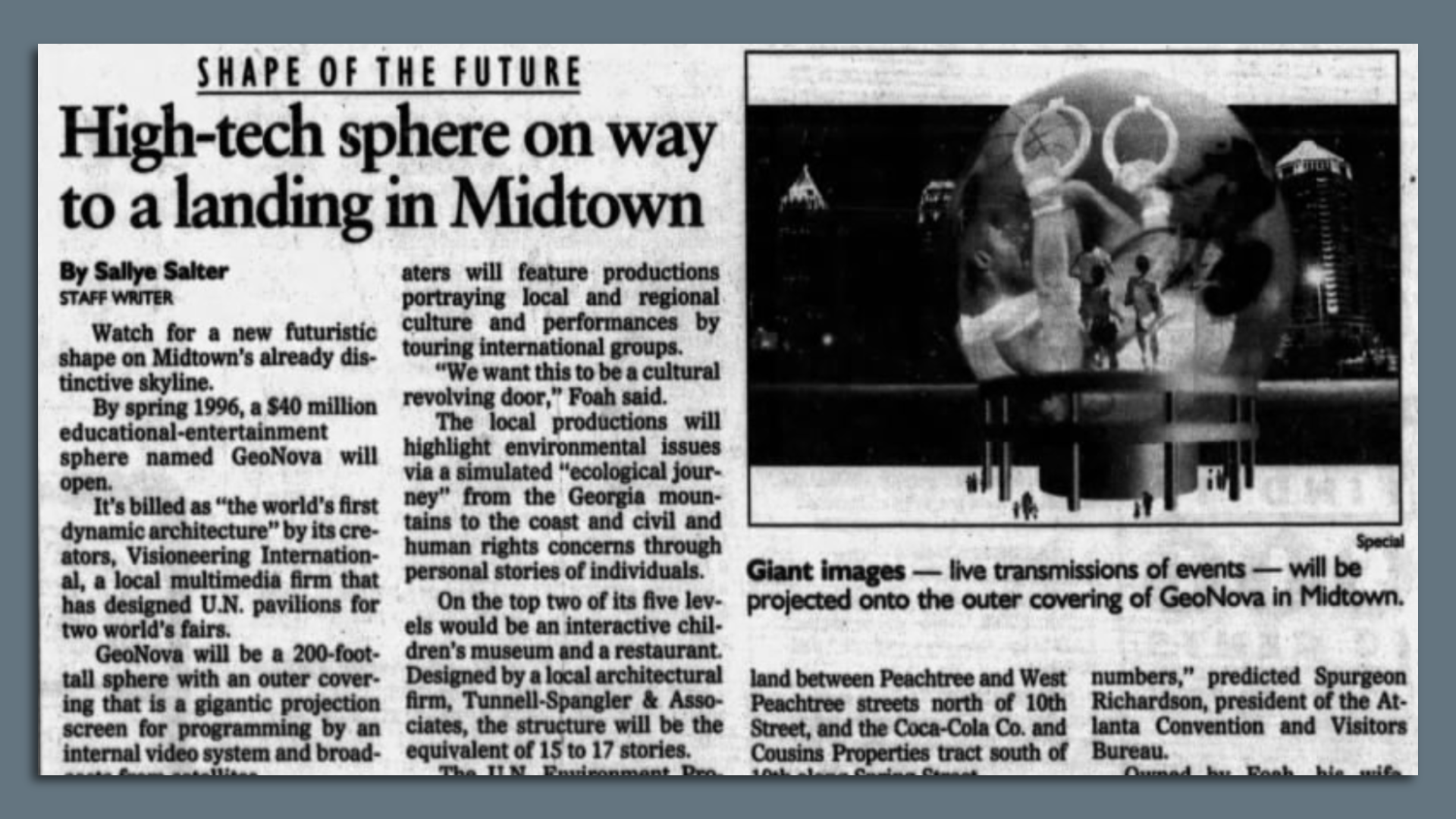 A screenshot of an archival newspaper page from the mid-1990s with a headline that says "High-tech sphere on way to a landing in Midtown"