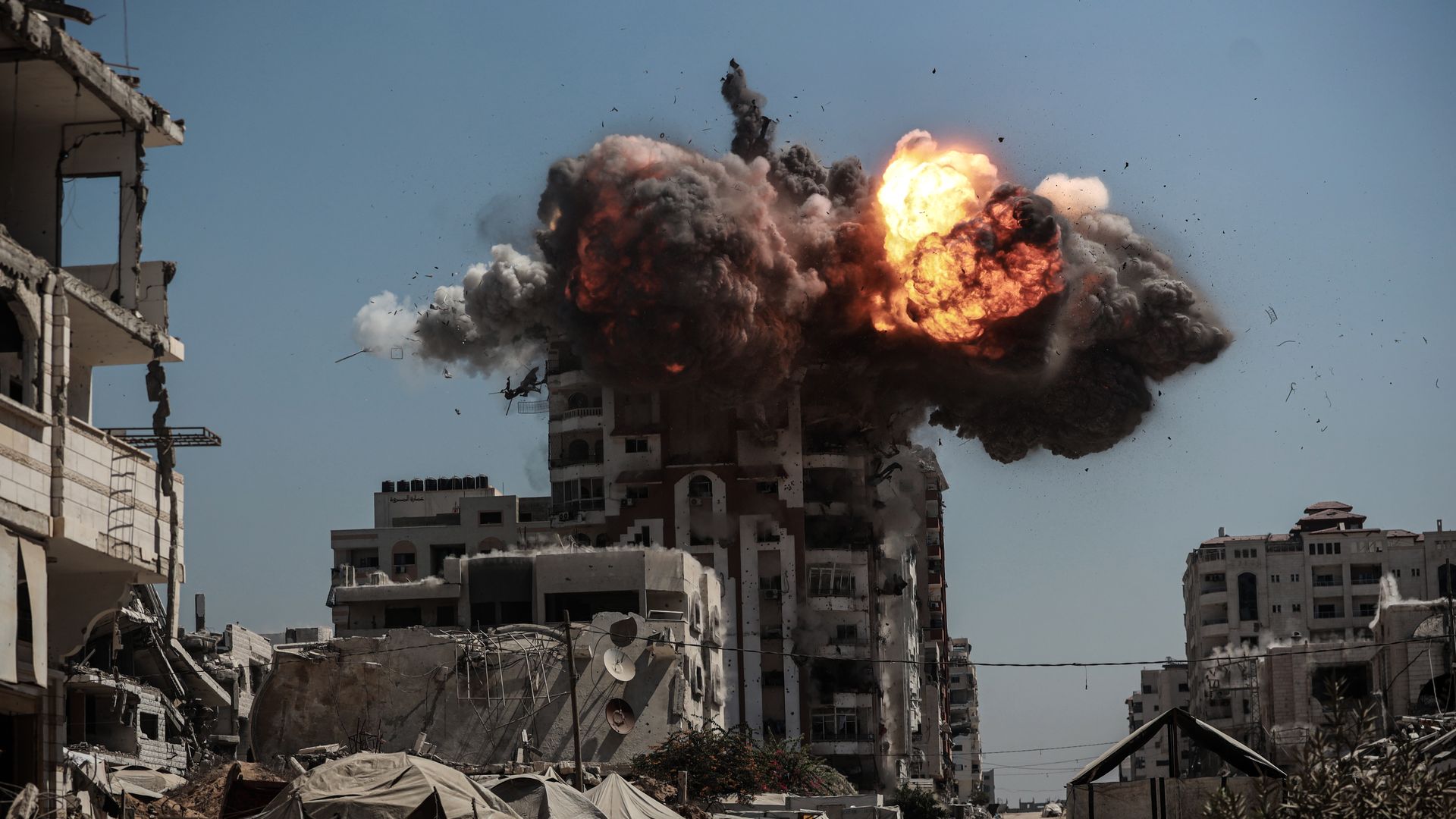 Smoke rises after Israeli airstrikes hit and destroyed multiple buildings and high-rise towers in Gaza City on Sept 14, 2025. 