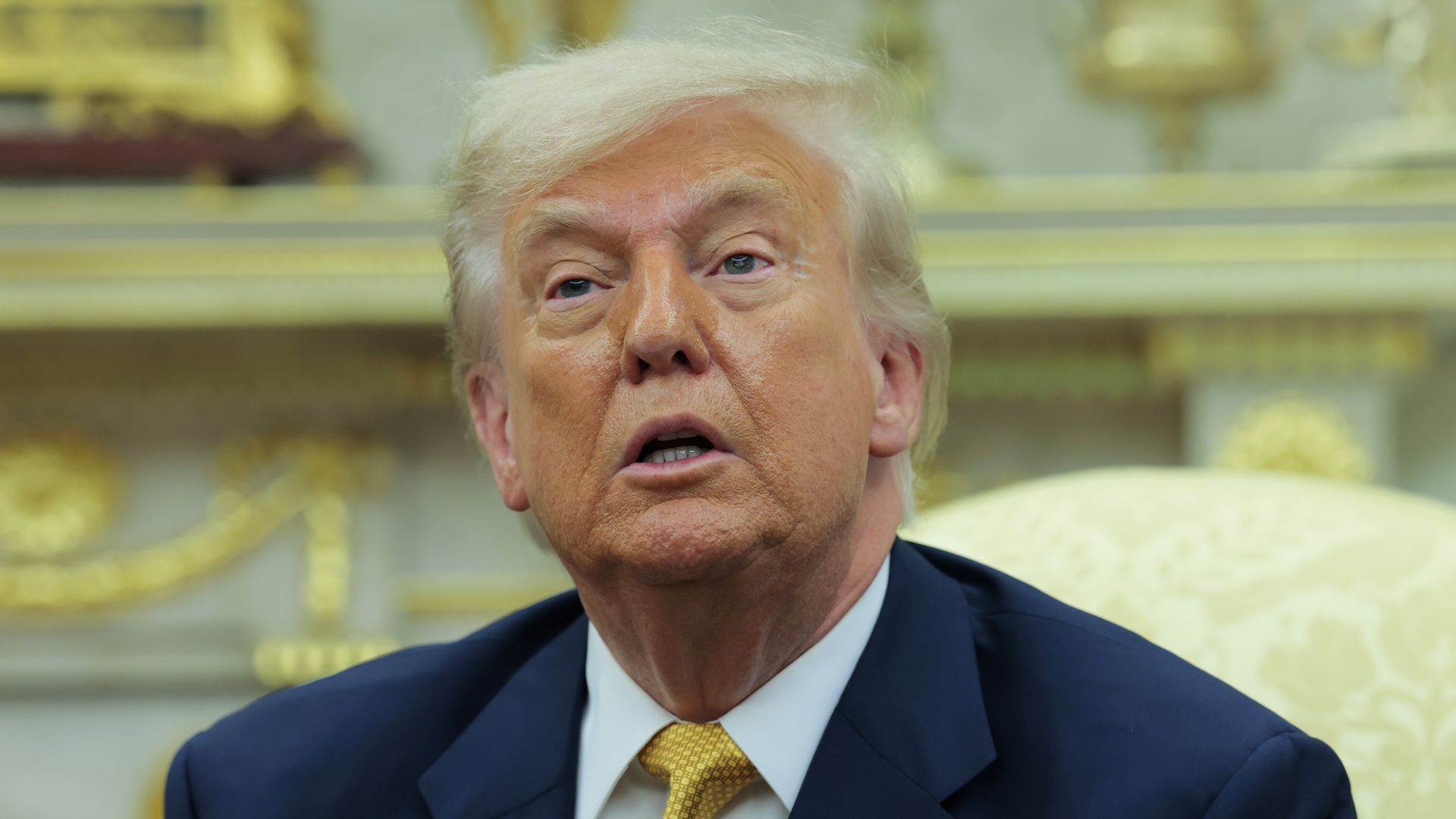 President Donald Trump speaks to reporters during a meeting with Crown Prince of Bahrain Salman bin Hamad Al Khalifa in the Oval Office of the White House on July 16, 2025, in Washington, D.C. 