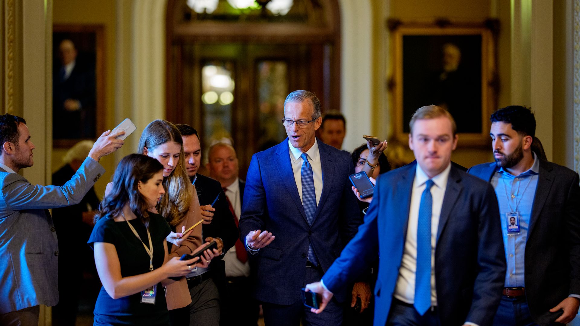 Senate Majority Leader John Thune (R-SD) speaks to reporters as returns to his office from the Senate Chamber at the U.S. Capitol Building on June 30, 2025 in Washington, DC. Senate Republicans return this morning after being forced by Democrats to read a new version of the "One, Big, Beautiful Bill