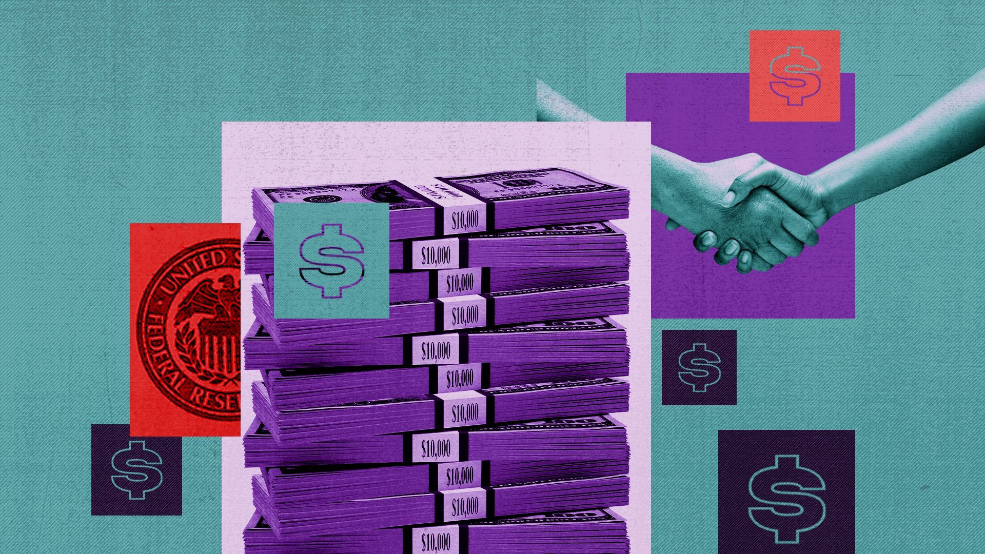 Illustration of a stack of money and a handshake surrounded by abstract shapes and money elements.