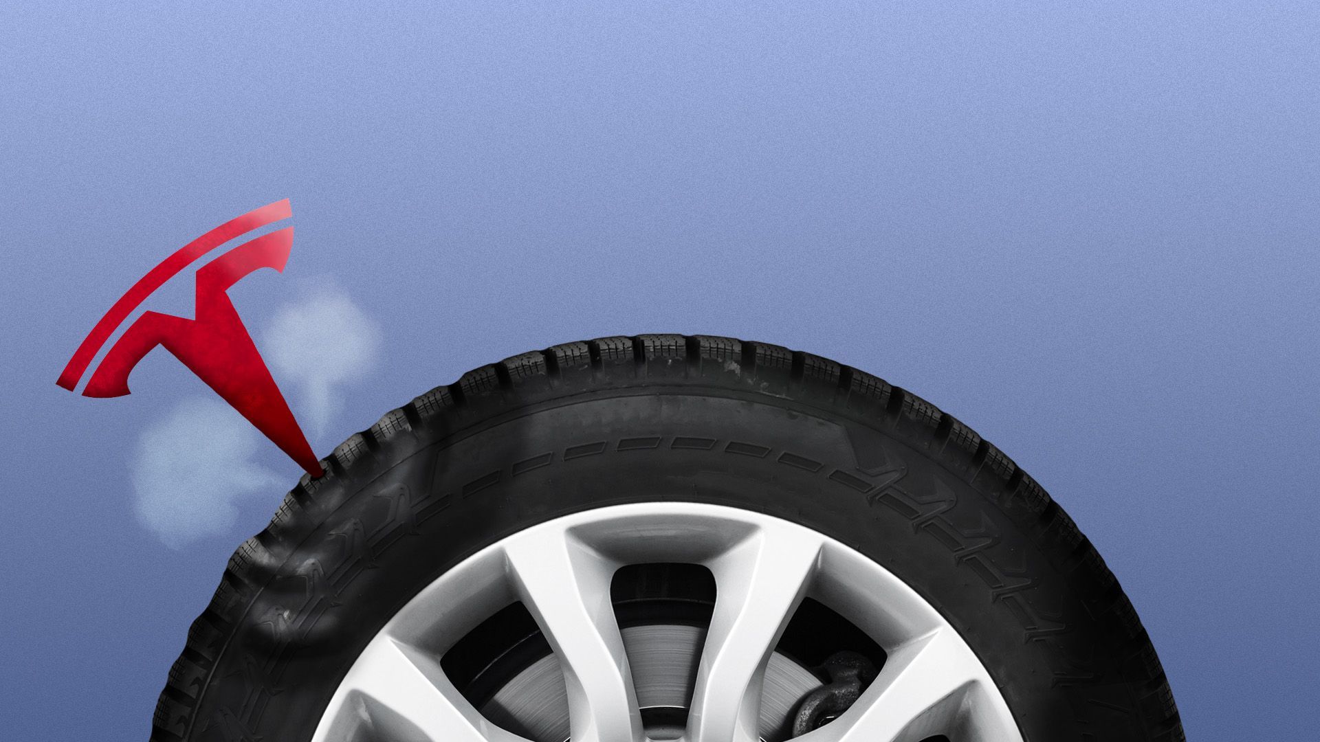 Illustration of the Tesla logo puncturing a tire like a nail