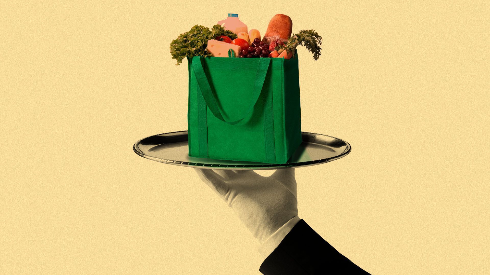 Illustration of a shopping bag on a tray.