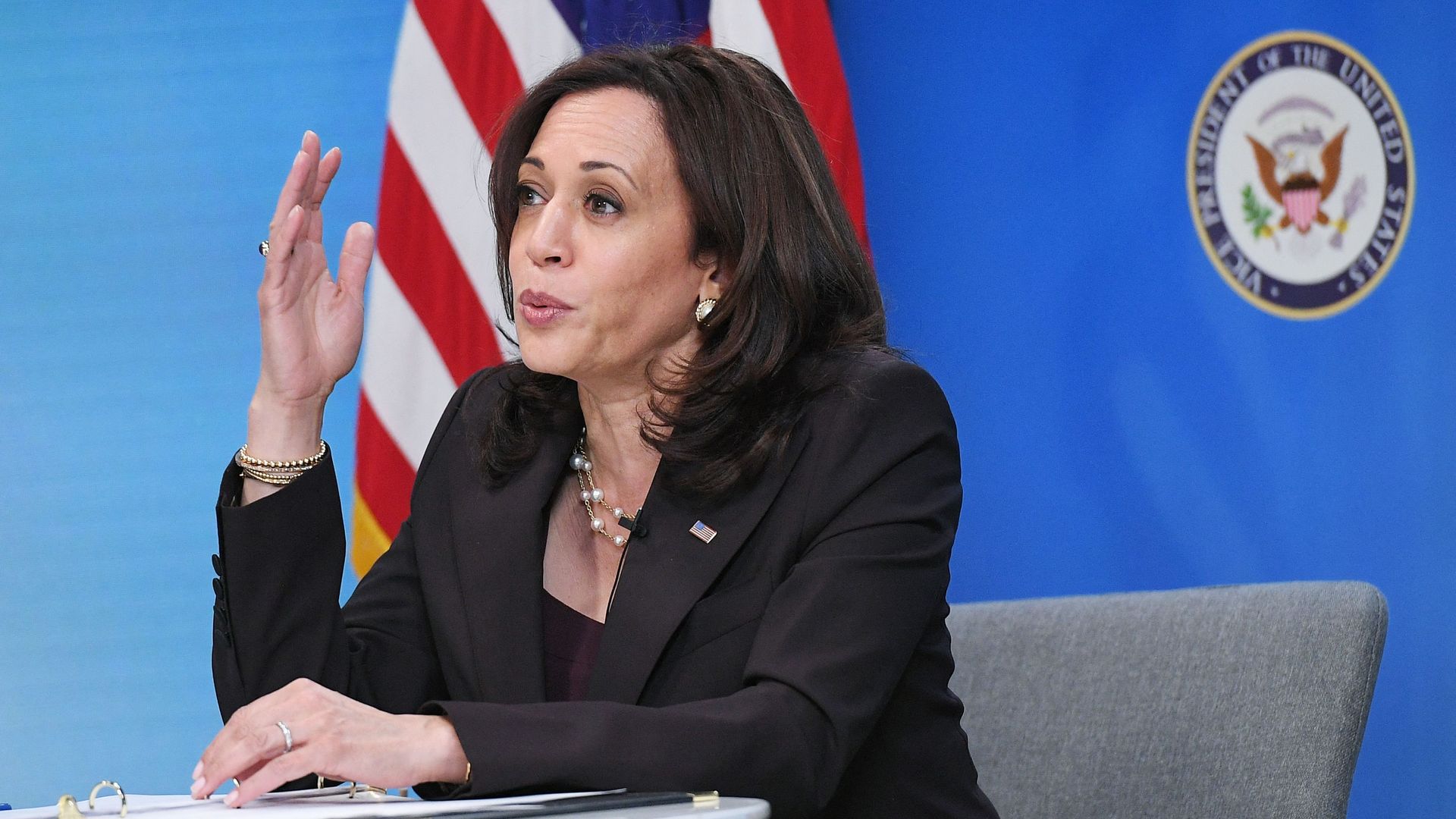 US Vice President Kamala Harris speaks at a virtual roundtable discussion with Guatemalan community-based organizations in Washington, DC on April 27