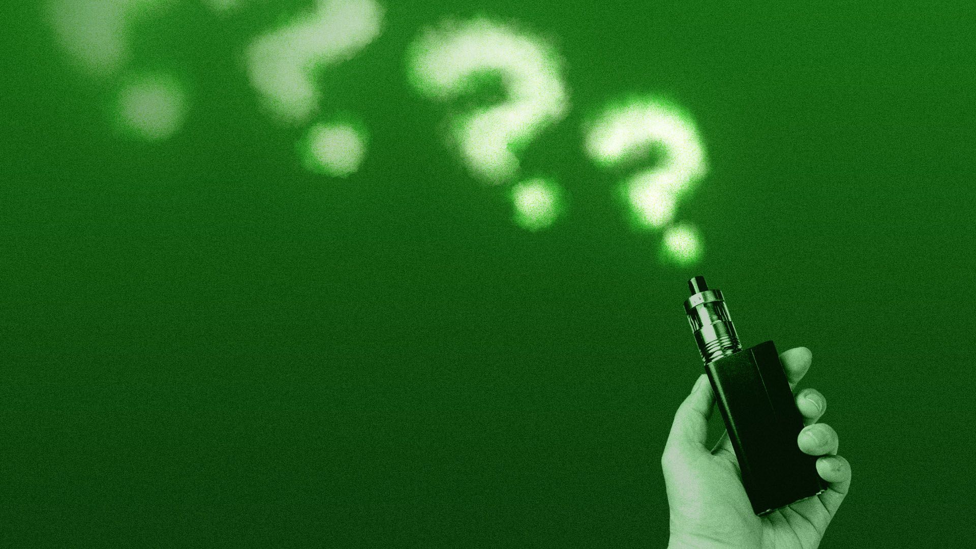 Illustration of a vape pen emitting question mark vapors