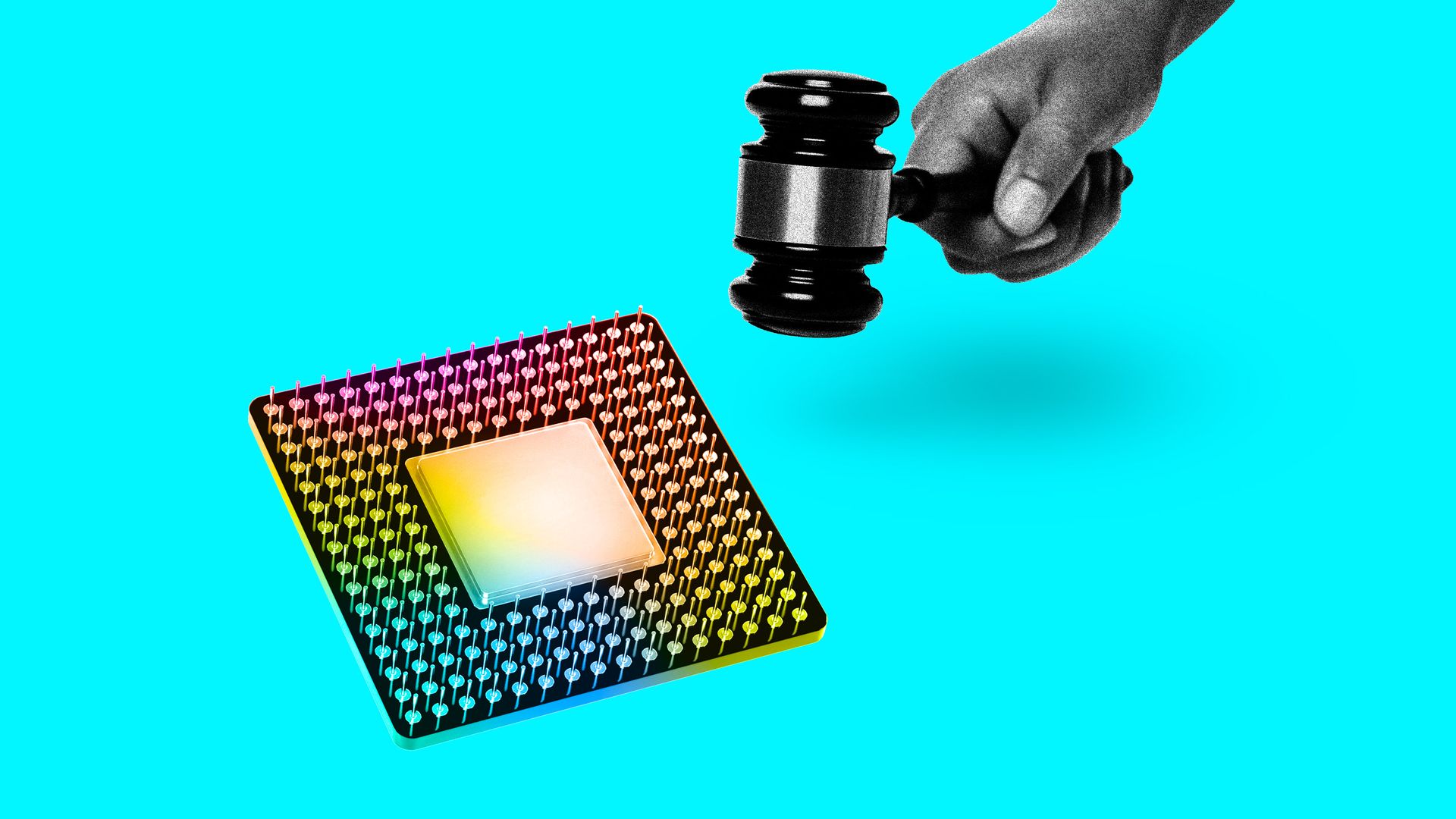 An illustration of a gavel banging on a computer chip