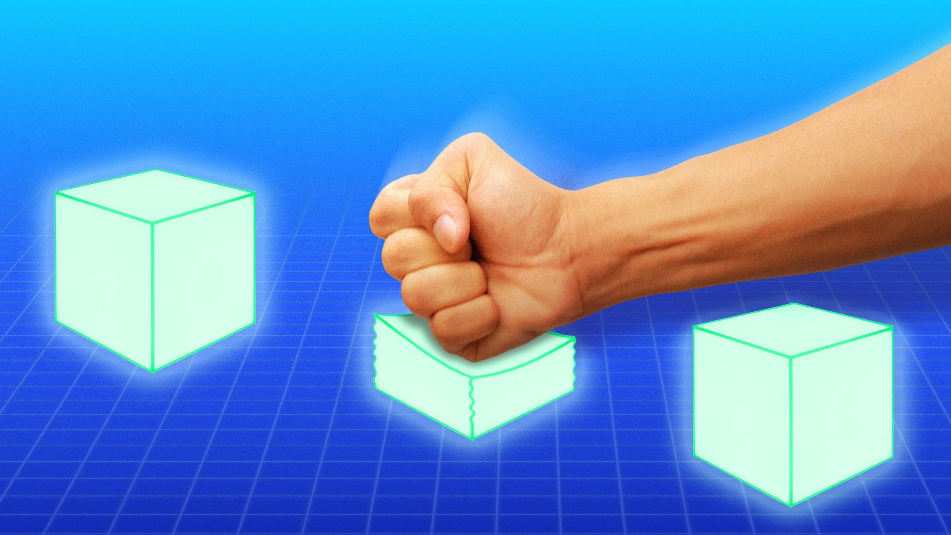 Illustration of a fist crushing a digital glowing block.