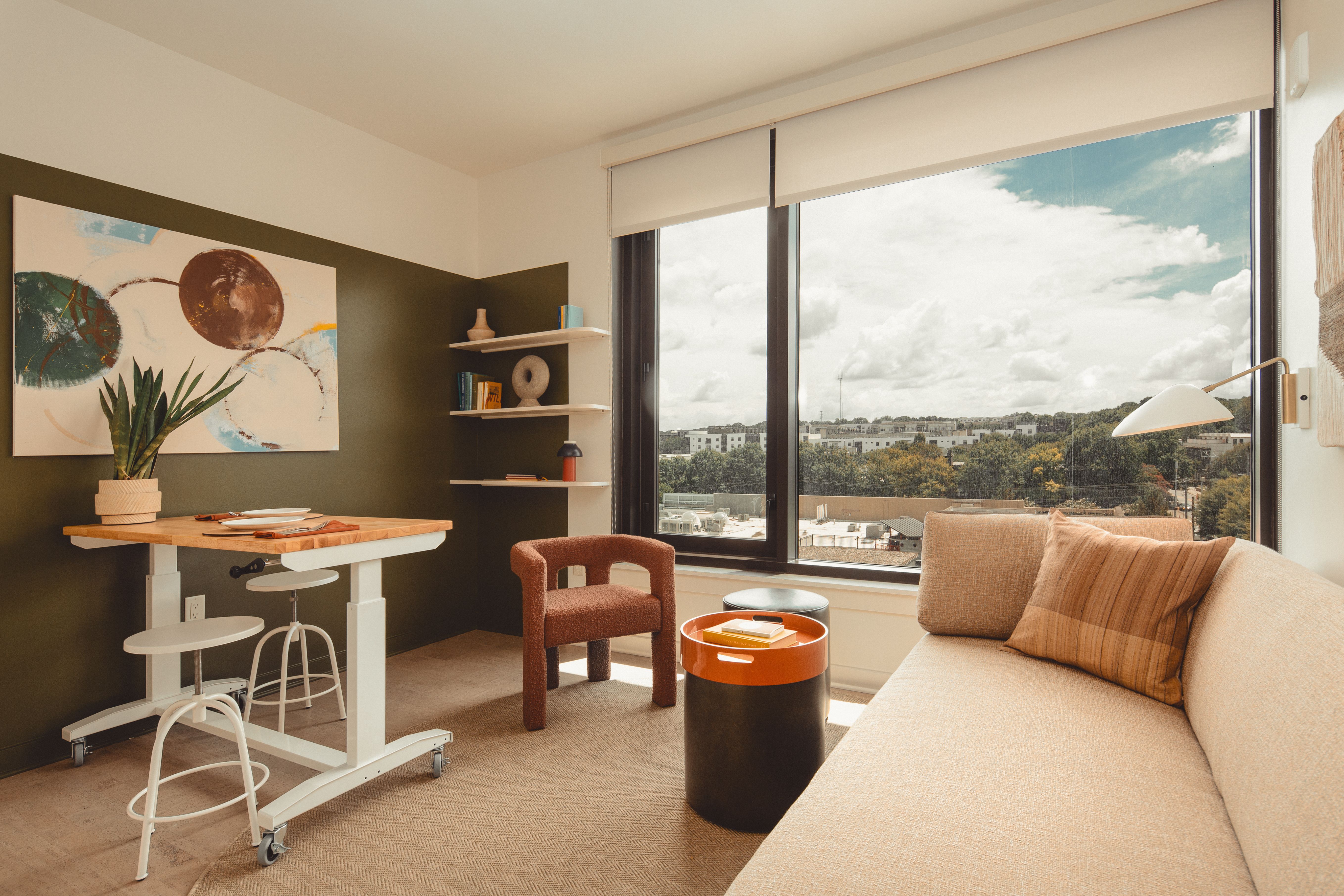 A view of the living room inside a Scout Living unit at Ponce City Market.