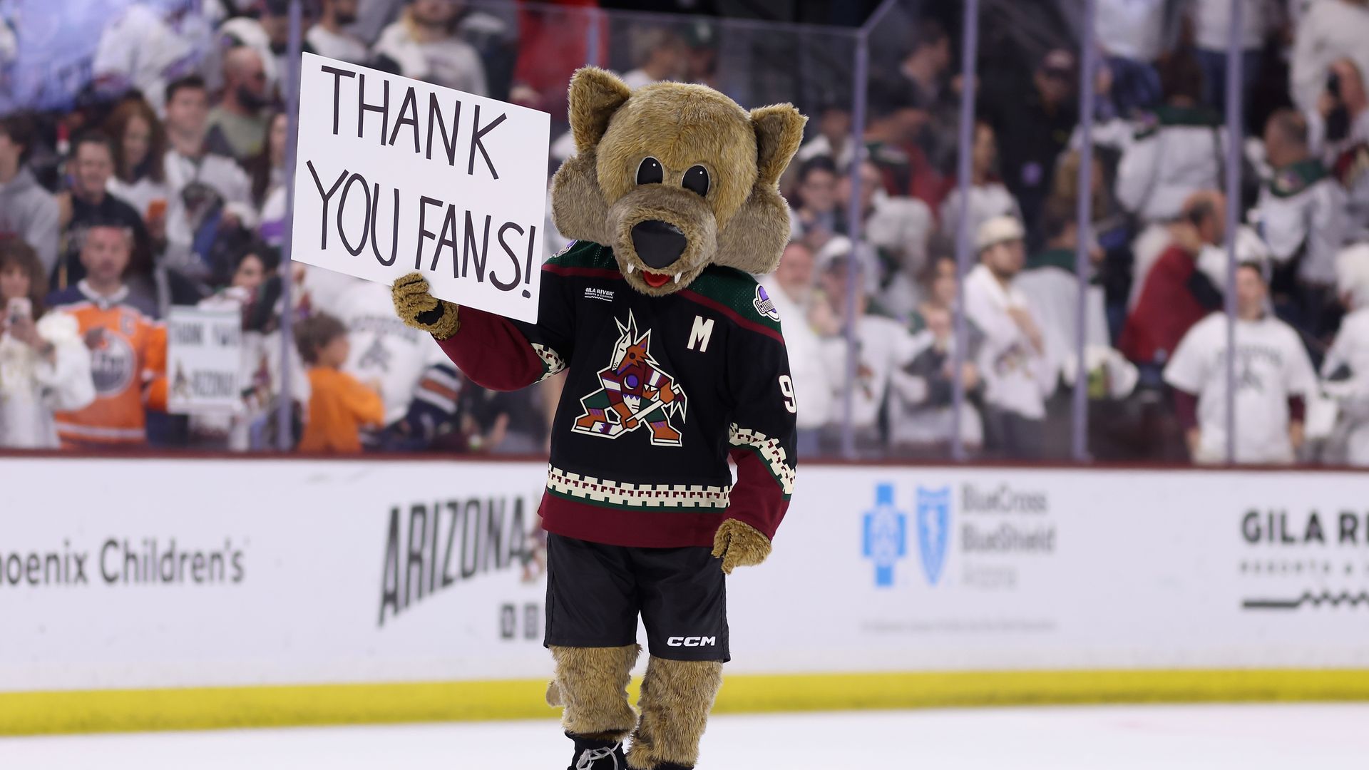 The Arizona Coyotes mascot skates around the ice with a sign that reads "Thank you fans!" during the NHL team's last game there.