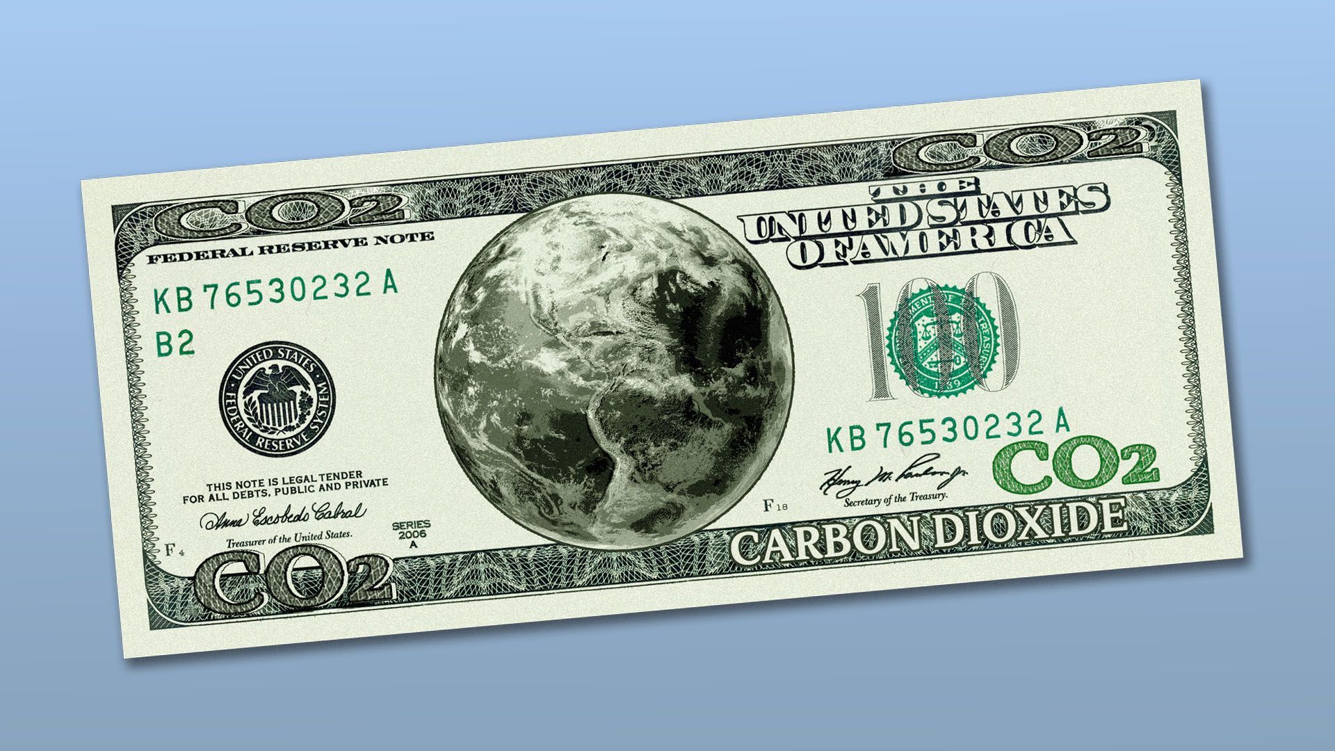 Illustration of a dollar bill that reads "CO2" and has an earth in the middle
