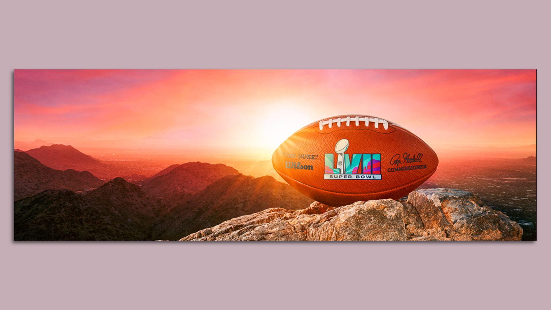 A football with a Super Bowl logo sitting on a mountain. 