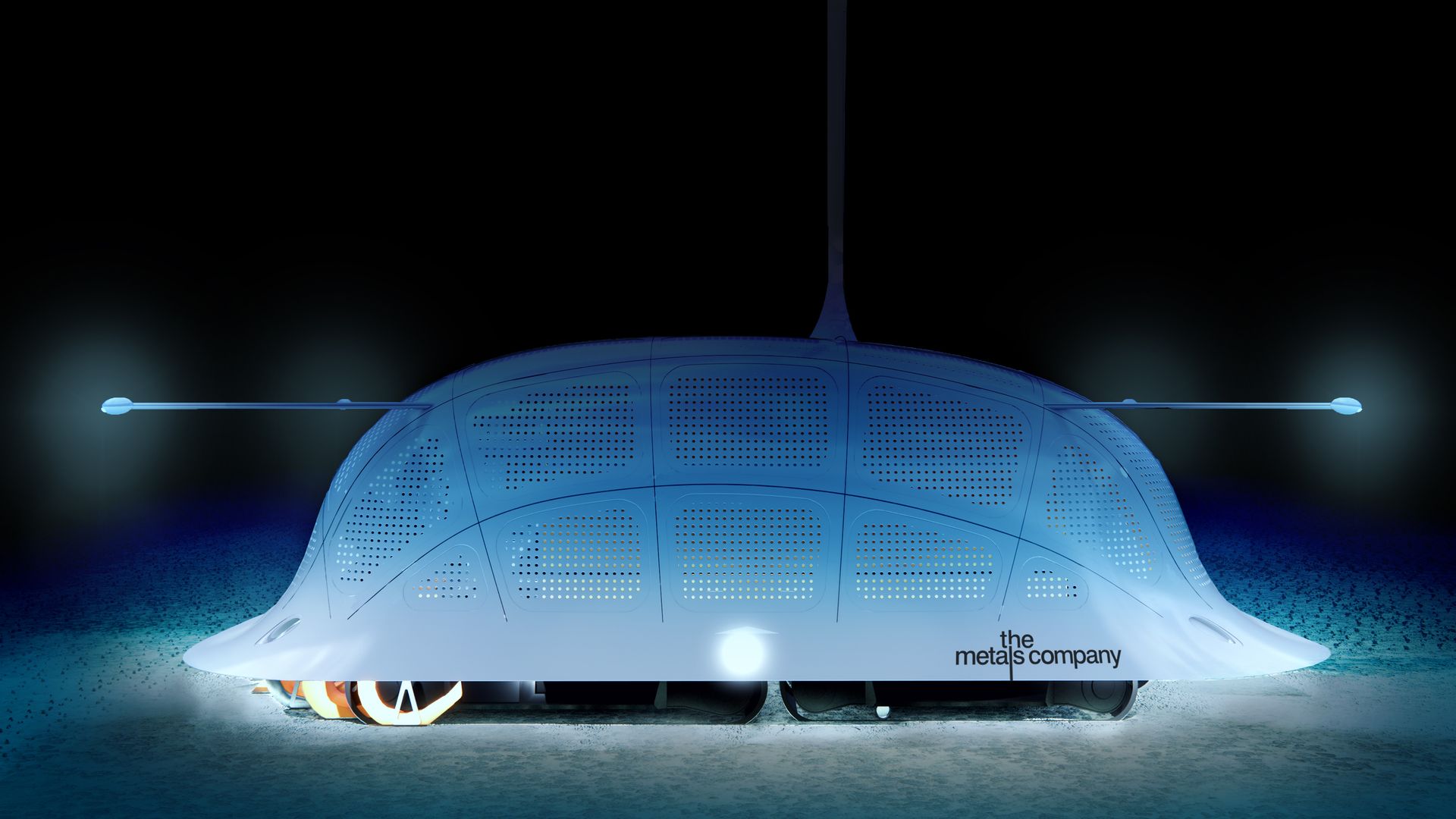 Image of The Metals Company's collector robot on the bottom of the sea, collecting metal rich rocks. 