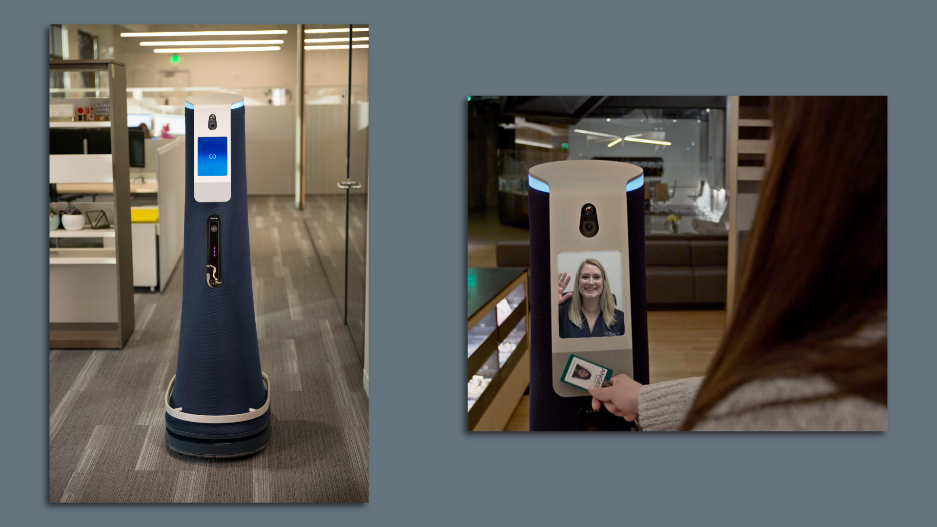 Two views of a Cobalt Robotics robot in the office, showing how it roams hallways and has an interactive tablet that allows people to communicate with a call center.