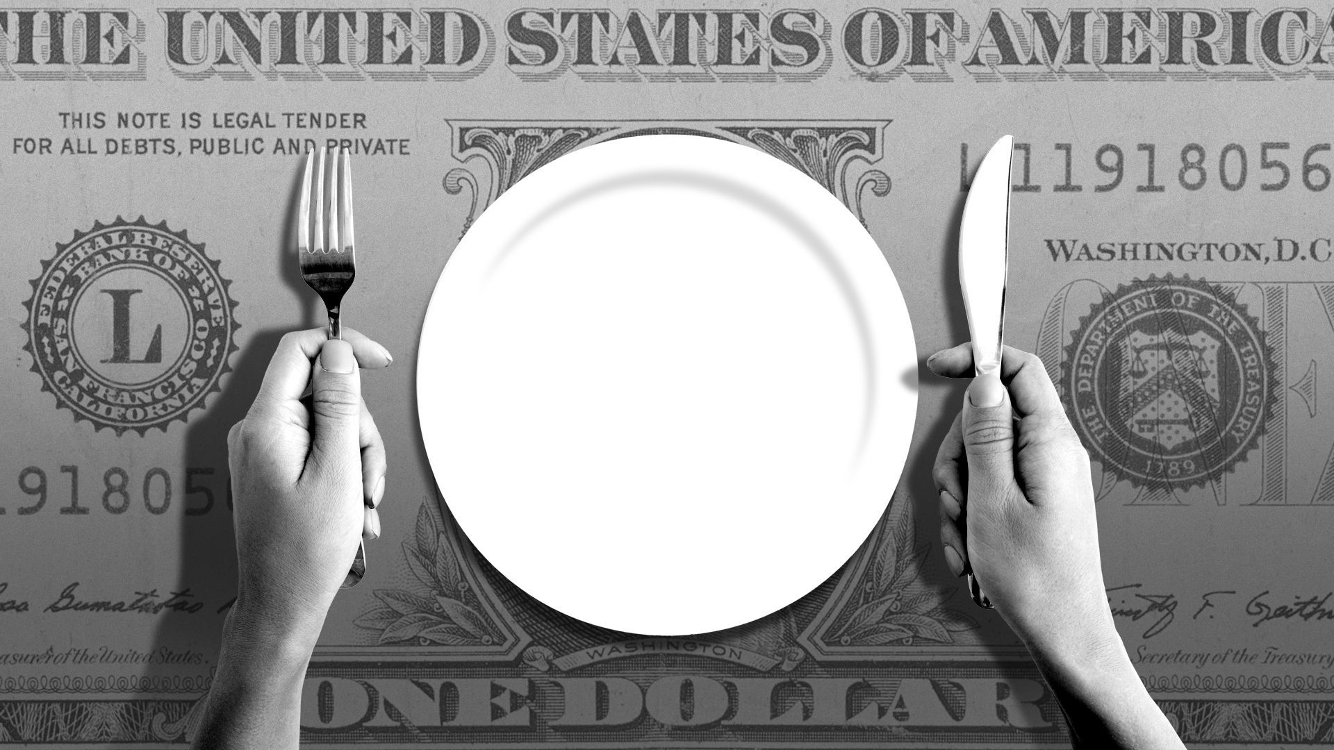 Illustration of a hands holding a fork and knife next to an empty plate sitting on an American dollar
