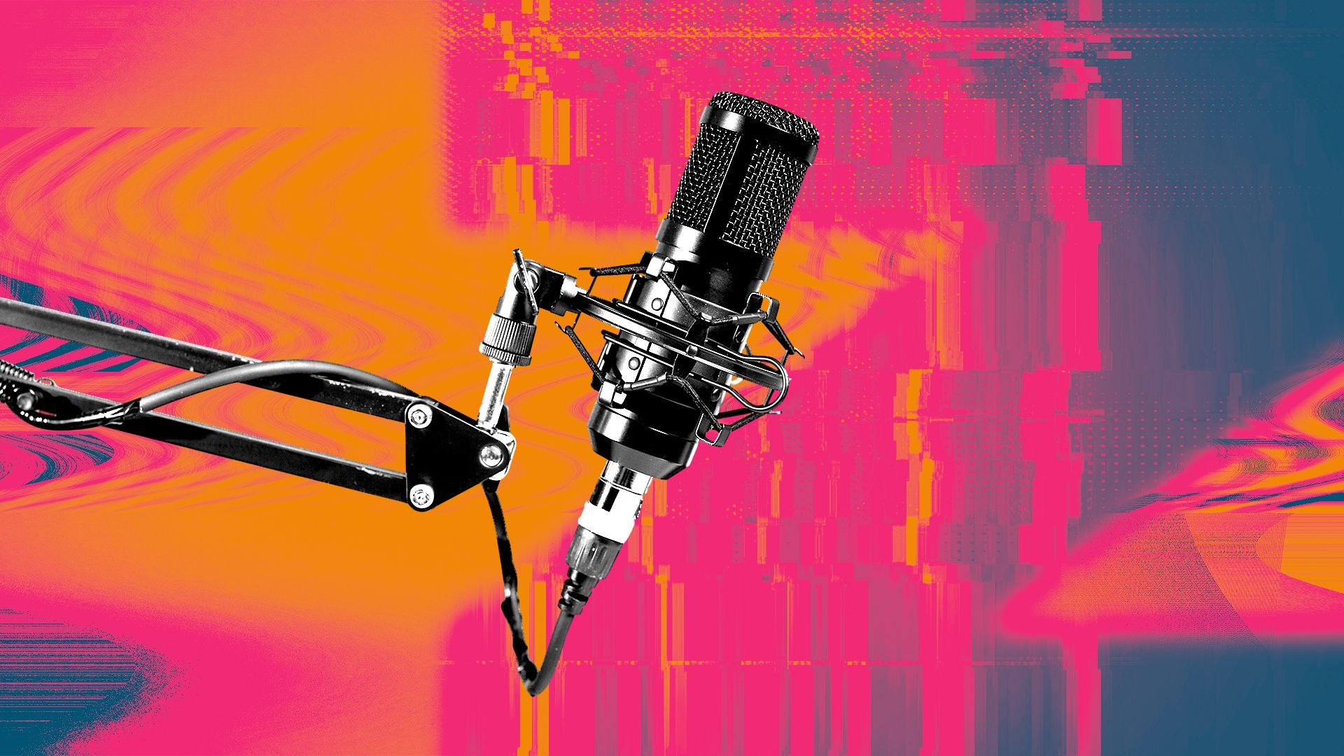 Illustration of a podcast microphone over a pattern of digital textures and a faint z.
