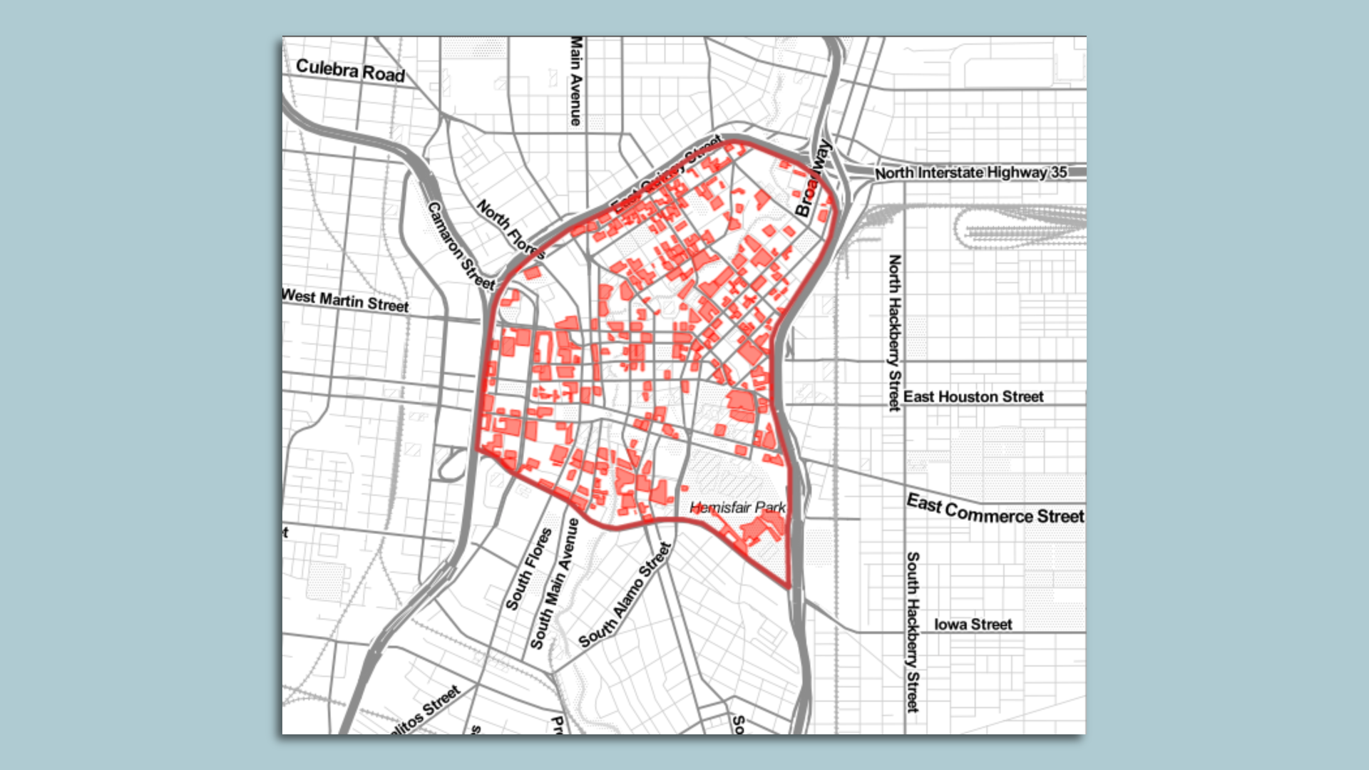 A map shows locations in red that are dedicated to parking in downtown San Antonio. Parking is about 26% of downtown.