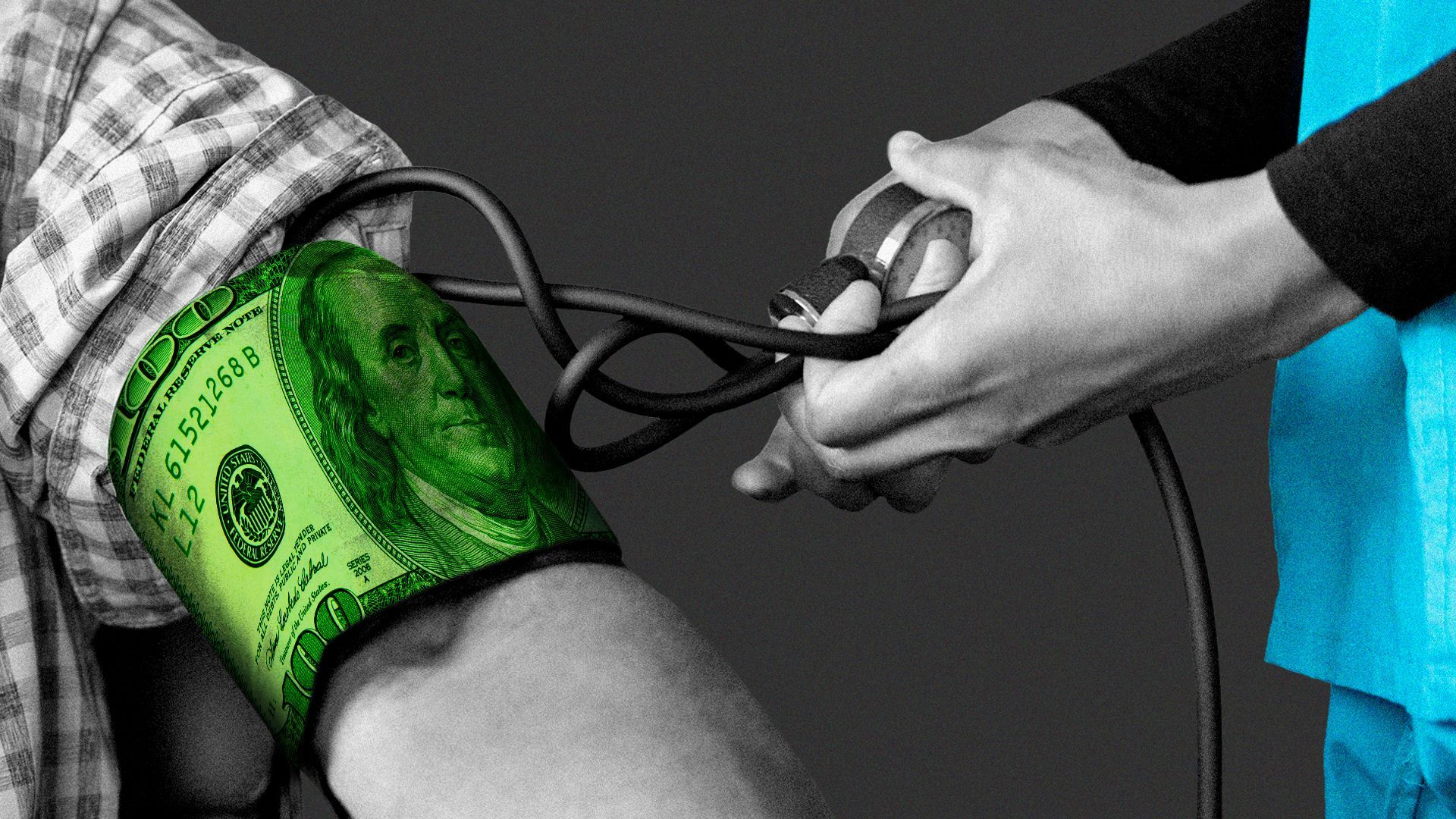 Illustration of a person wearing scrubs using a blood pressure cuff made of money.