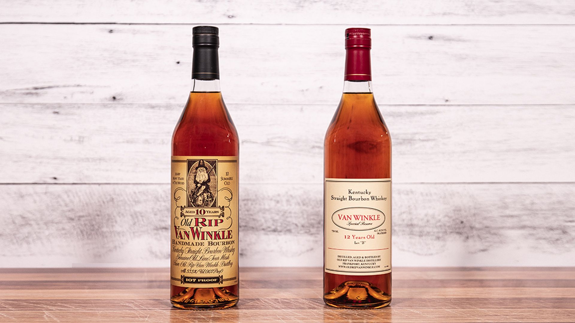 Photo shows two bottles of Pappy Van Winkle bourbon: Old Rip Van Winkle 10 Year on left, Van Winkle Special Reserve Bourbon 12 Year on right