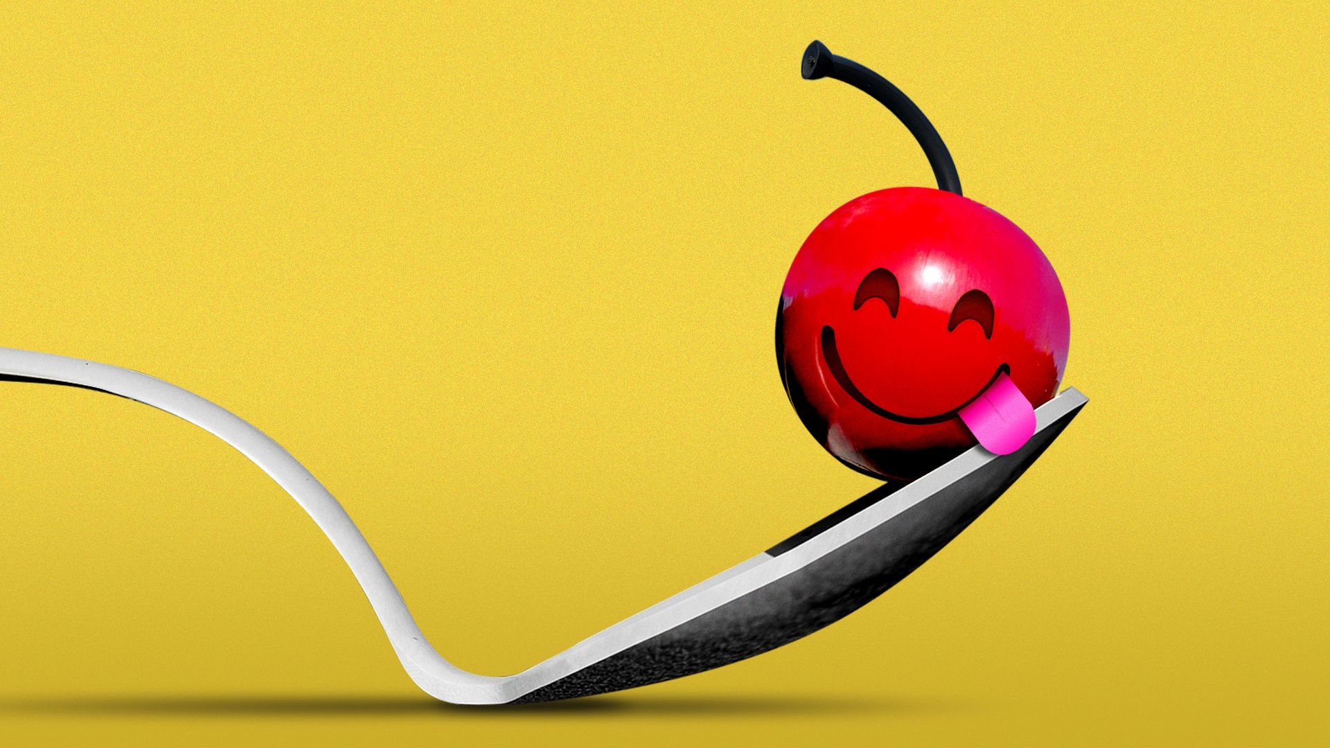 Illustration of the Spoonbridge and Cherry sculpture with a smiling emoji imposed on the cherry.
