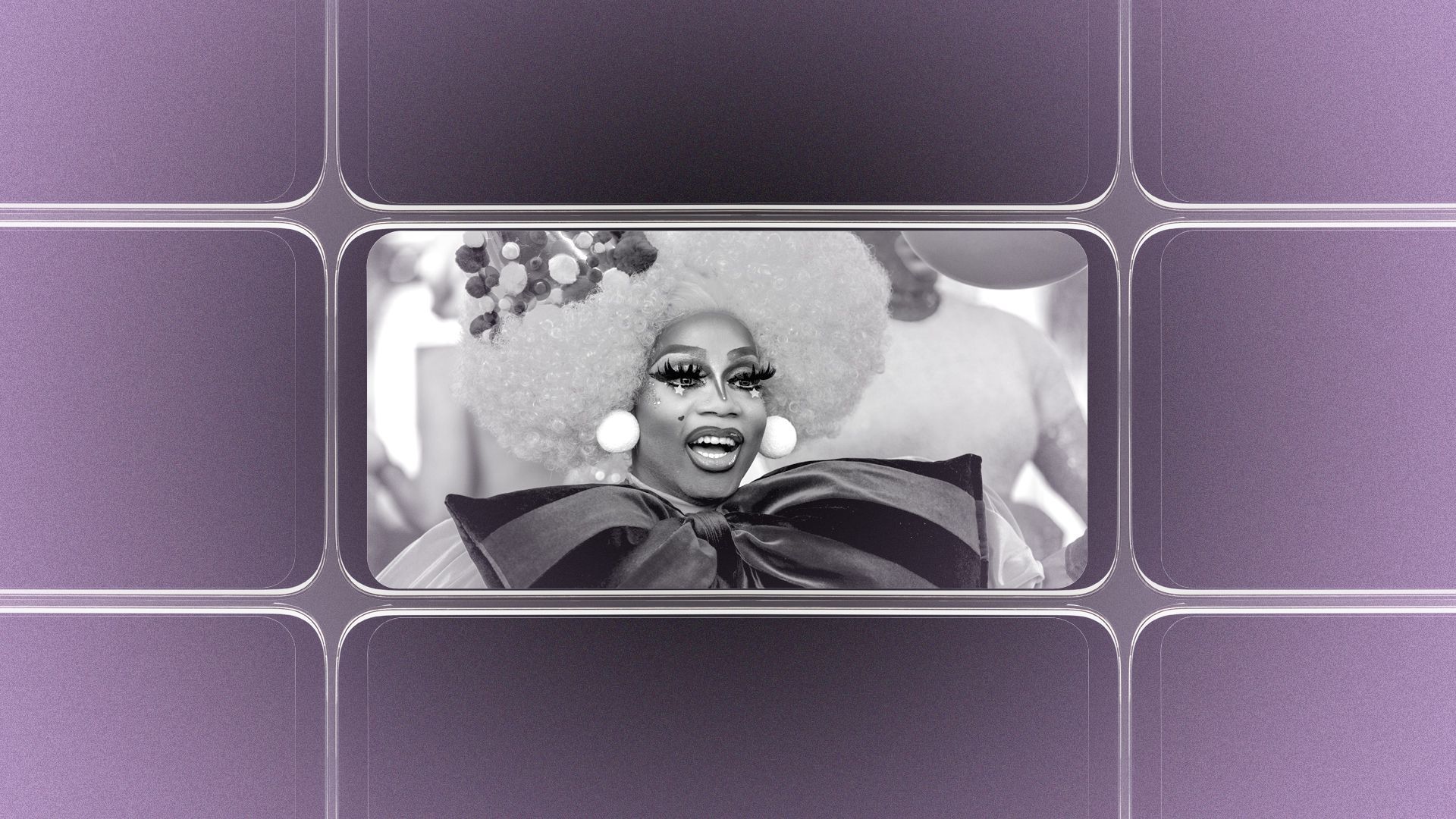 Photo illustration of a grid of smartphone screens, the center one showing an image of Ashlee Bankgx.