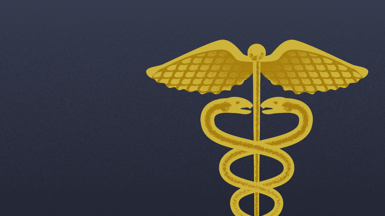 Animated illustration of a caduceus with the wings flying away, the snakes slithering away, and the stick falling.