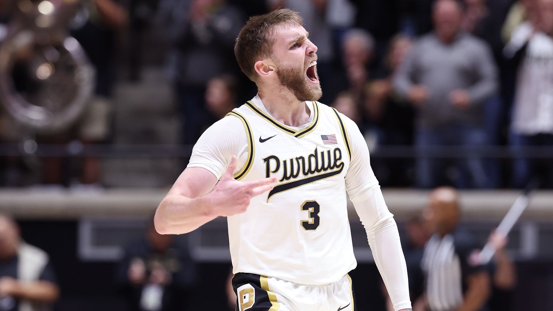 Braden Smith #3 of the Purdue Boilermakers celebrates against the Iowa State Cyclones during the first half at Mackey Arena on December 06, 2025 in West Lafayette, Indiana. 