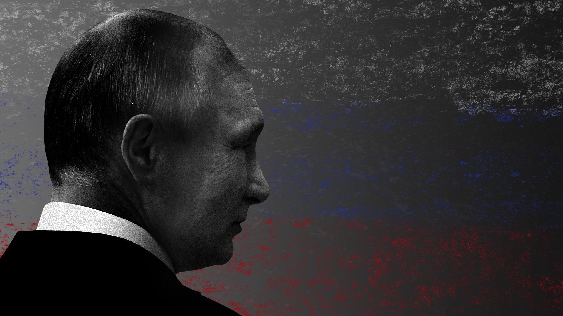 Illustration of Vladimir Putin looking into the distance, the background is made up of a distressed Russian flag. 