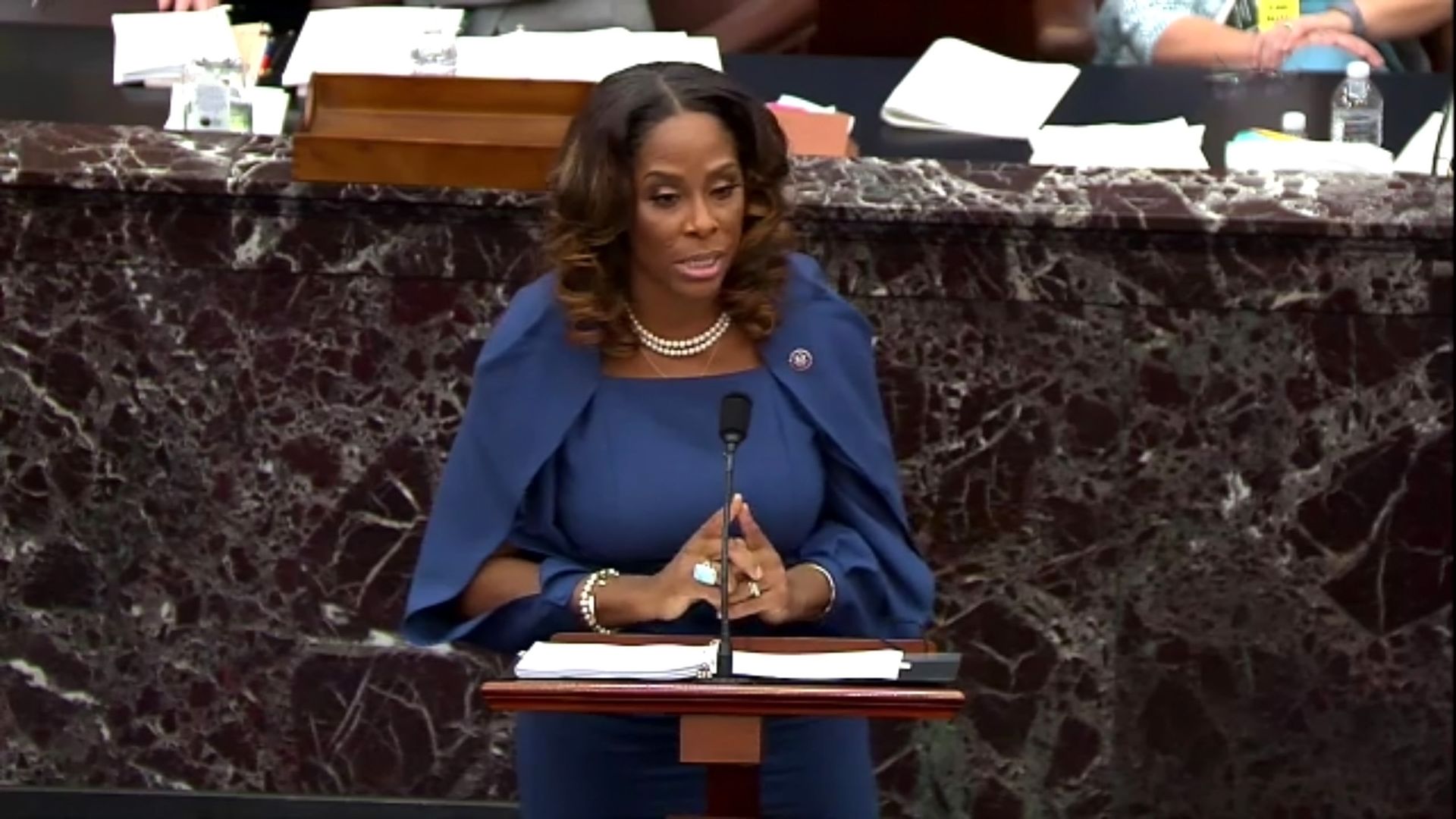 Delegate Stacey Plaskett is seen delivering her presentation during Donald Trump's second impeachment trial.