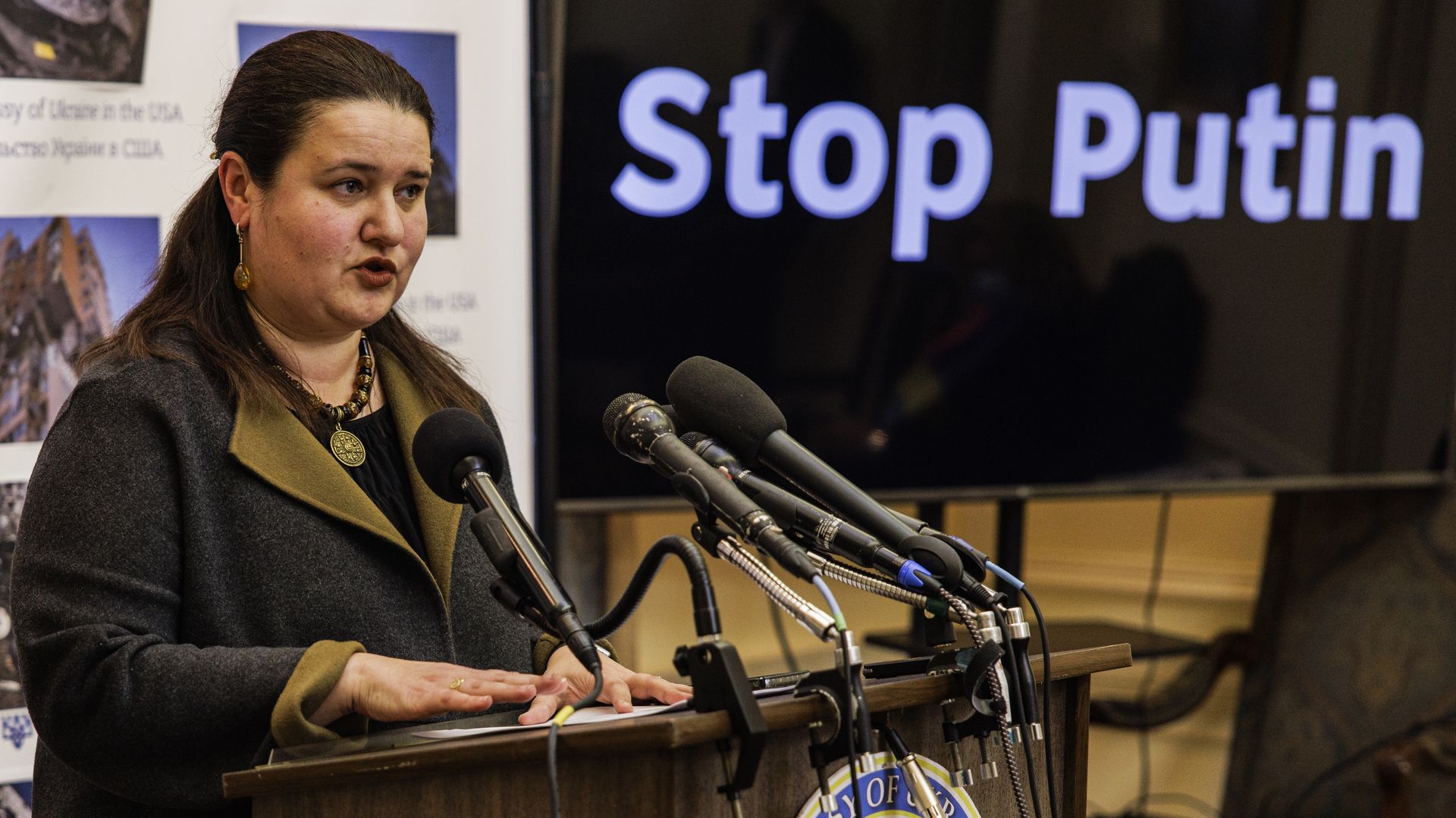 Ukraine's ambassador to the United States is seen during a news conference.