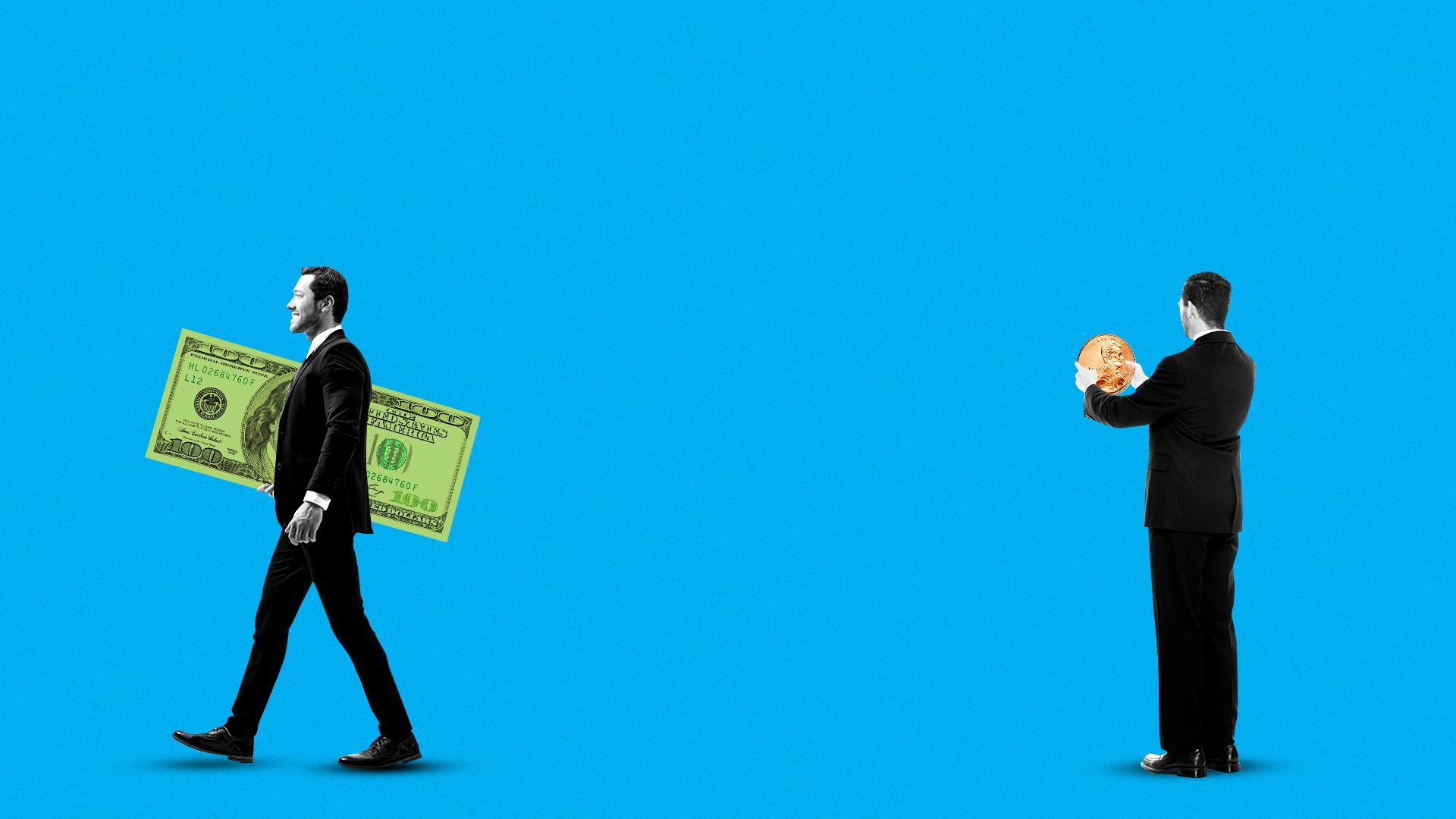 Illustration of two people one with a giant hundred dollar bill and another with a penny. Â