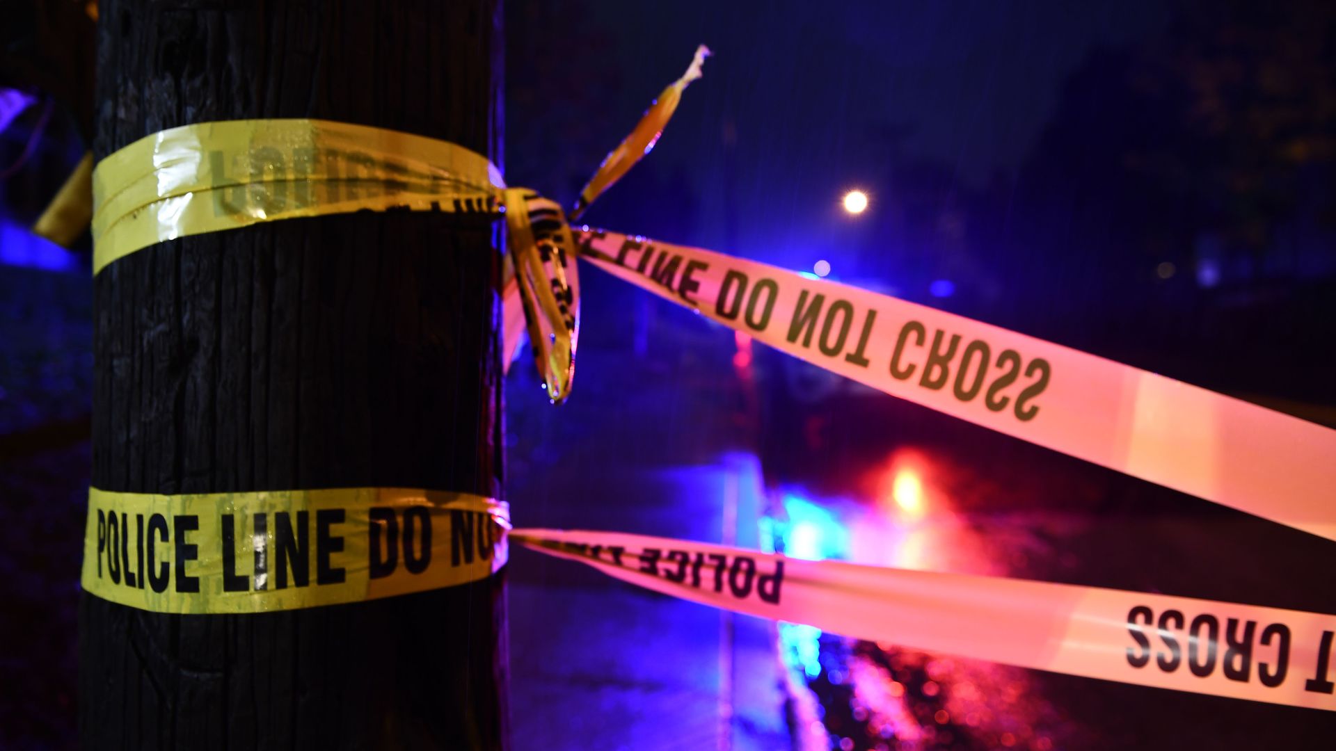 Police tape is seen outside the Tree of Life Synagogue after a shooting there left 11 people dead in the Squirrel Hill neighborhood of Pittsburgh on October 27, 2018