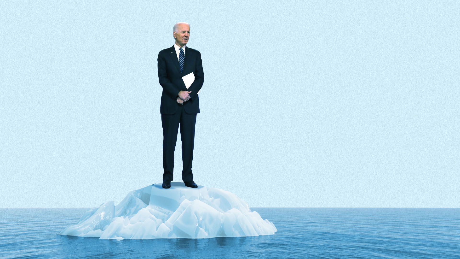 Photo illustration of Joseph Biden standing on a small patch of ice in the middle of the ocean