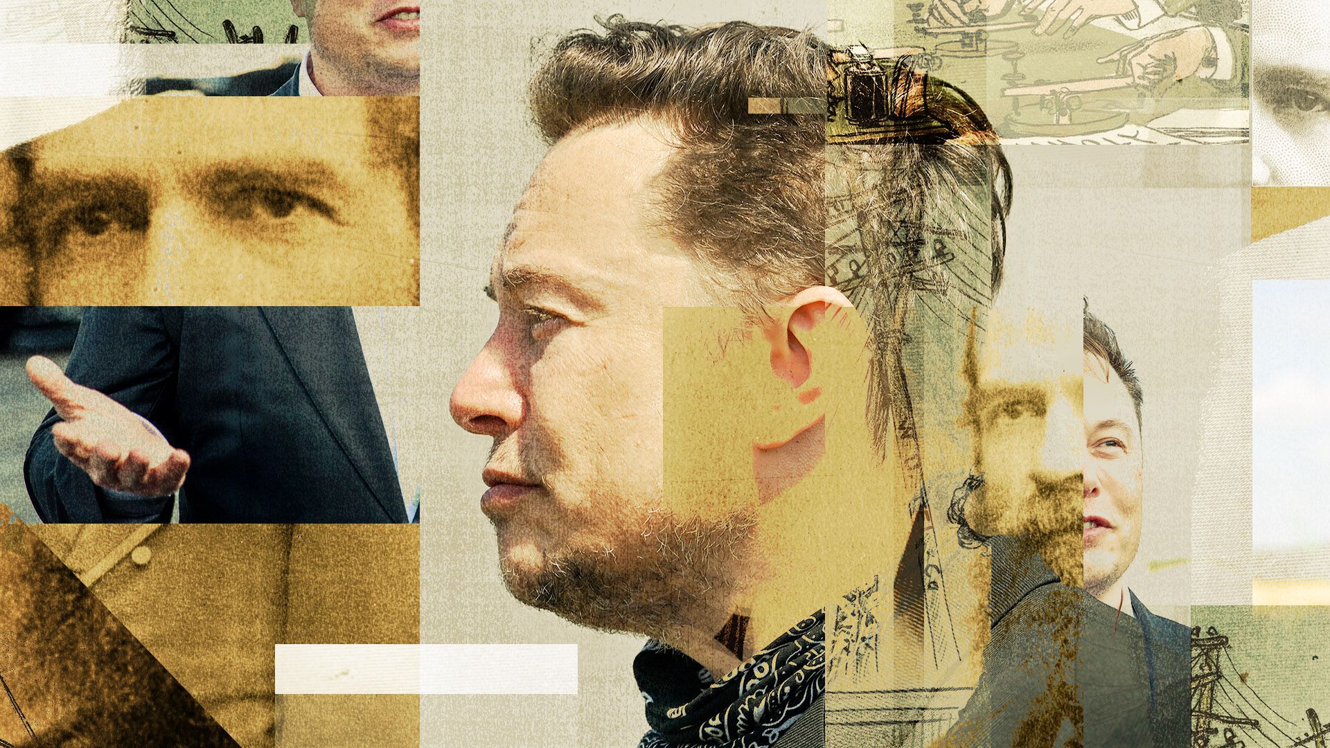 Photo illustration of a collage of Elon Musk, Jay Gould and political cartoons.