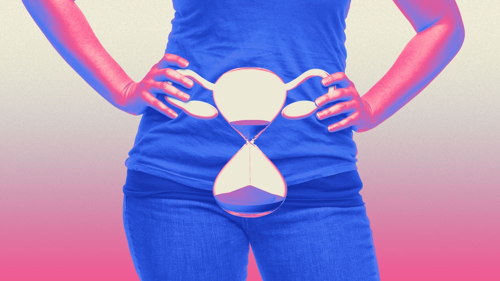 Illustration of a woman with her hands on her hips featuring an overlay of an hourglass with fallopian tubes and ovaries